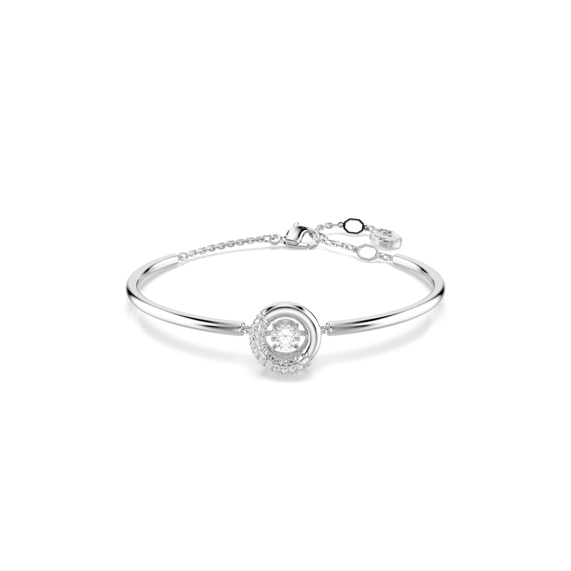 Dextera bangle, Round cut, White, Rhodium plated