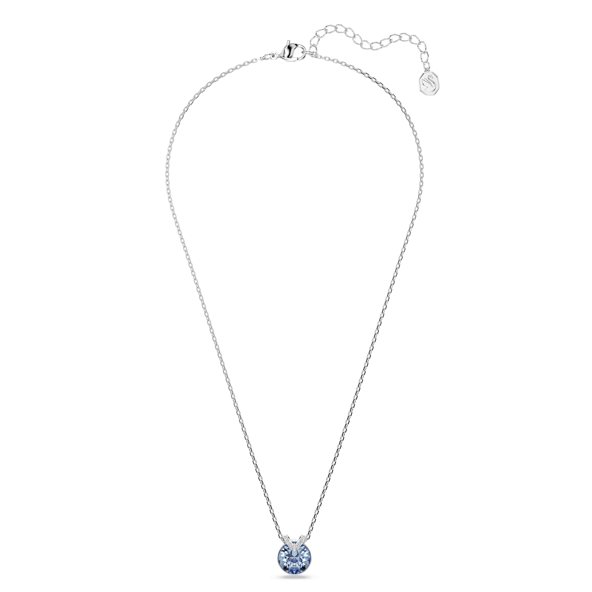 Bella V pendant, Round cut, Blue, Rhodium plated