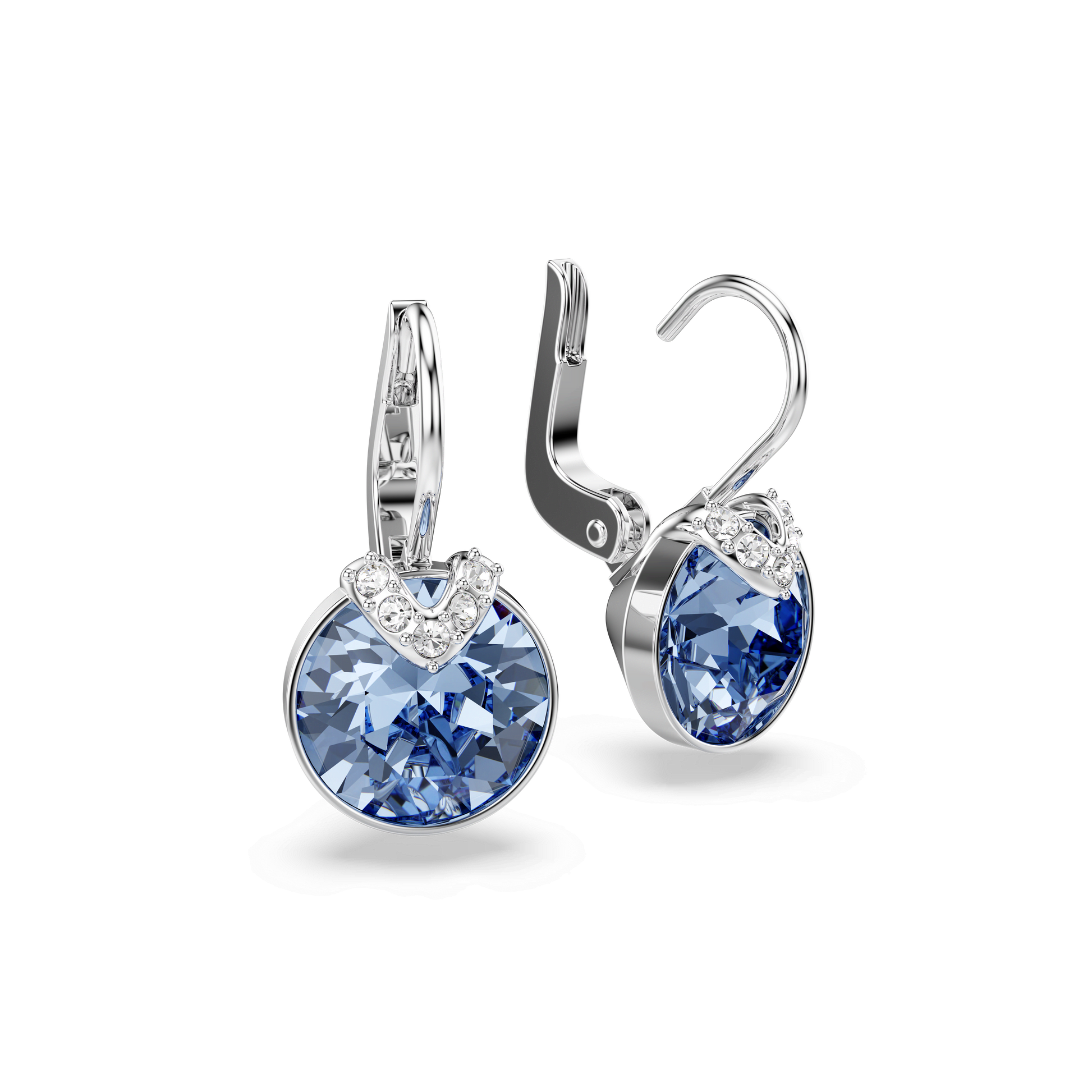 Bella V drop earrings, Round cut, Blue, Rhodium plated