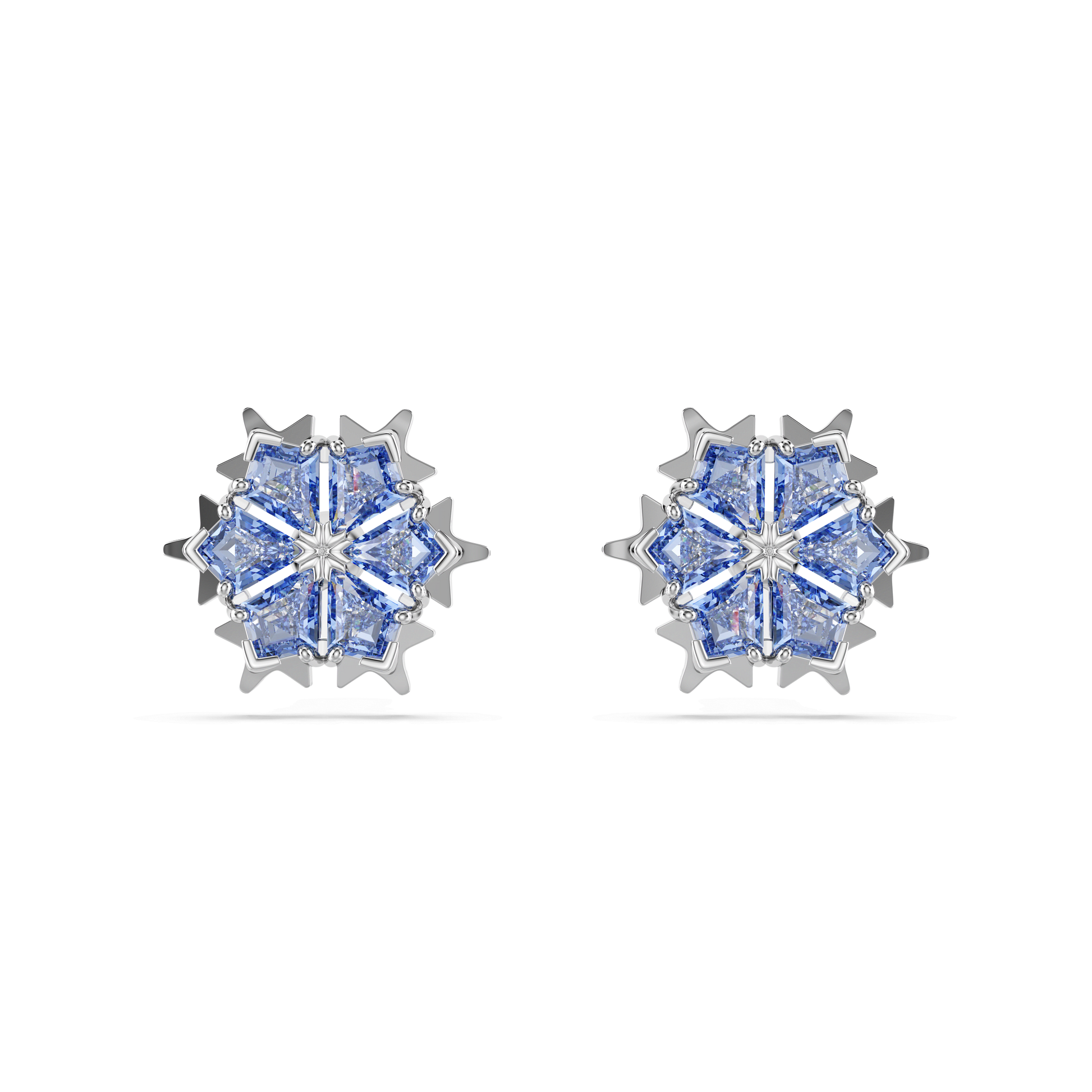 Magic stud earrings, Snowflake, Blue, Rhodium plated