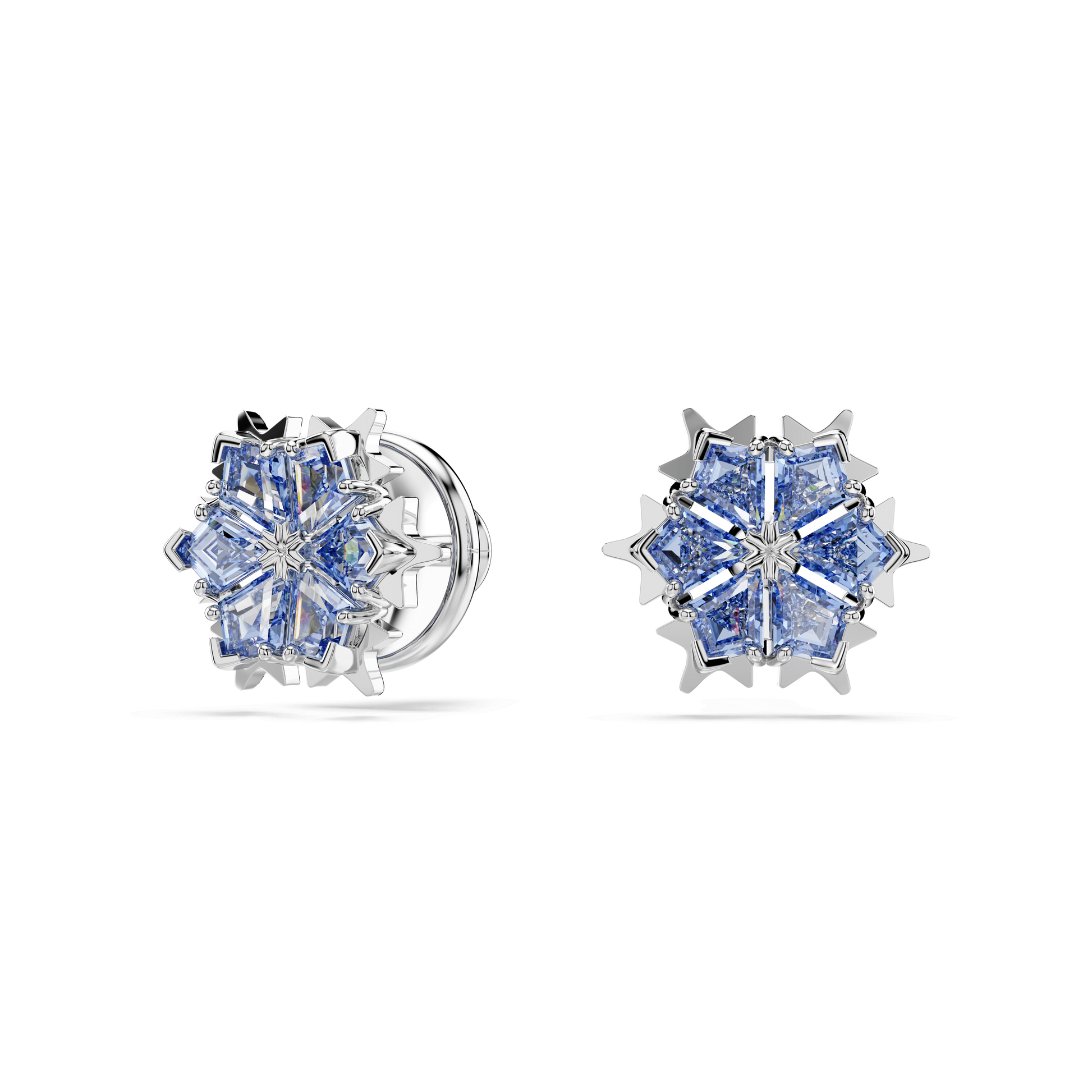 Magic stud earrings, Snowflake, Blue, Rhodium plated