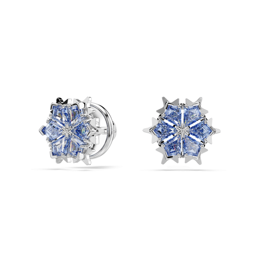 Magic stud earrings, Snowflake, Blue, Rhodium plated