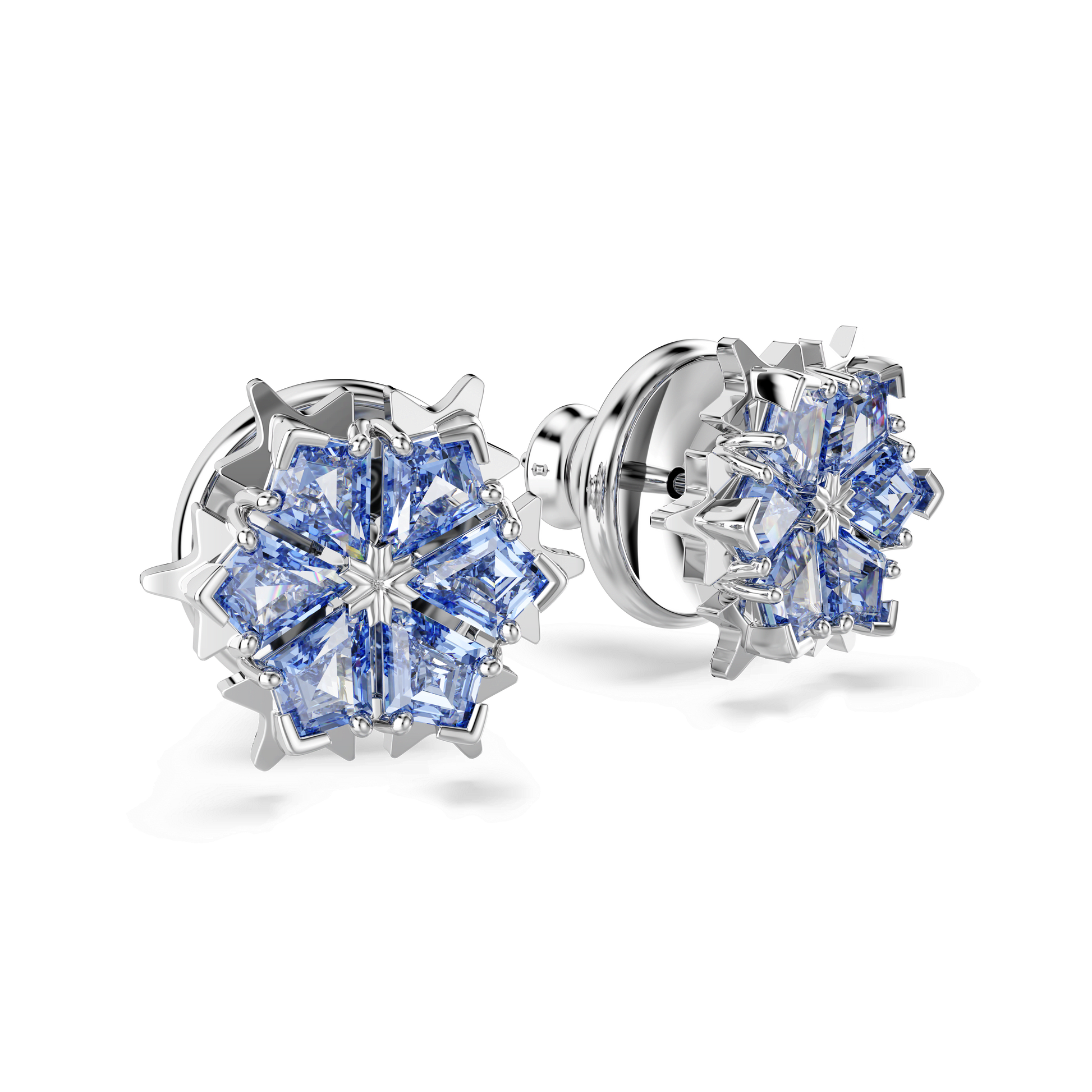 Magic stud earrings, Snowflake, Blue, Rhodium plated