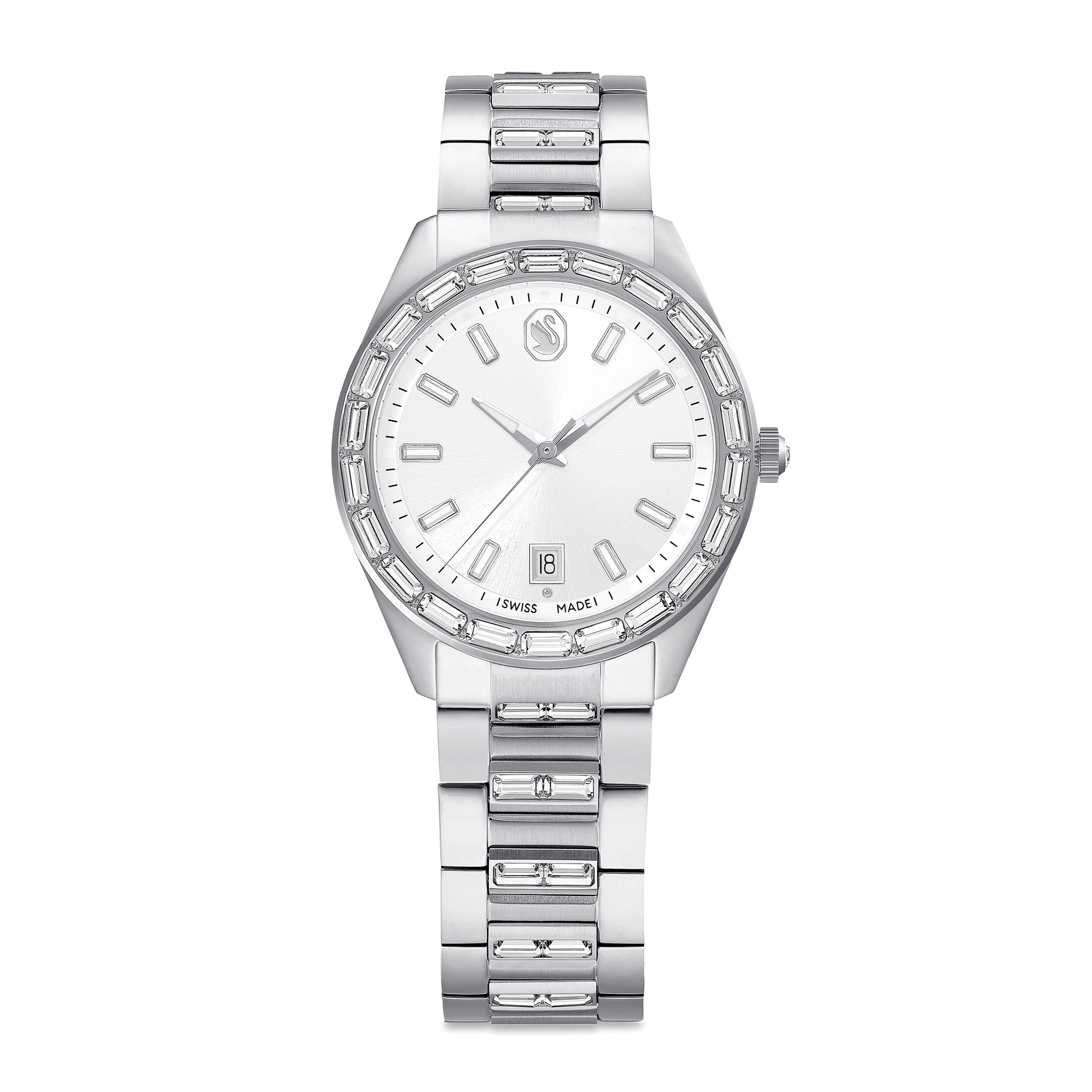 Matrix date watch, Swiss Made, Metal bracelet, Silver tone, Stainless steel