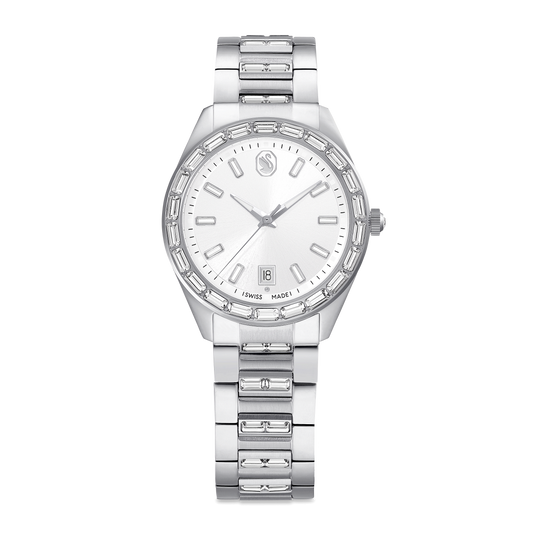 Matrix date watch, Swiss Made, Metal bracelet, Silver tone, Stainless steel