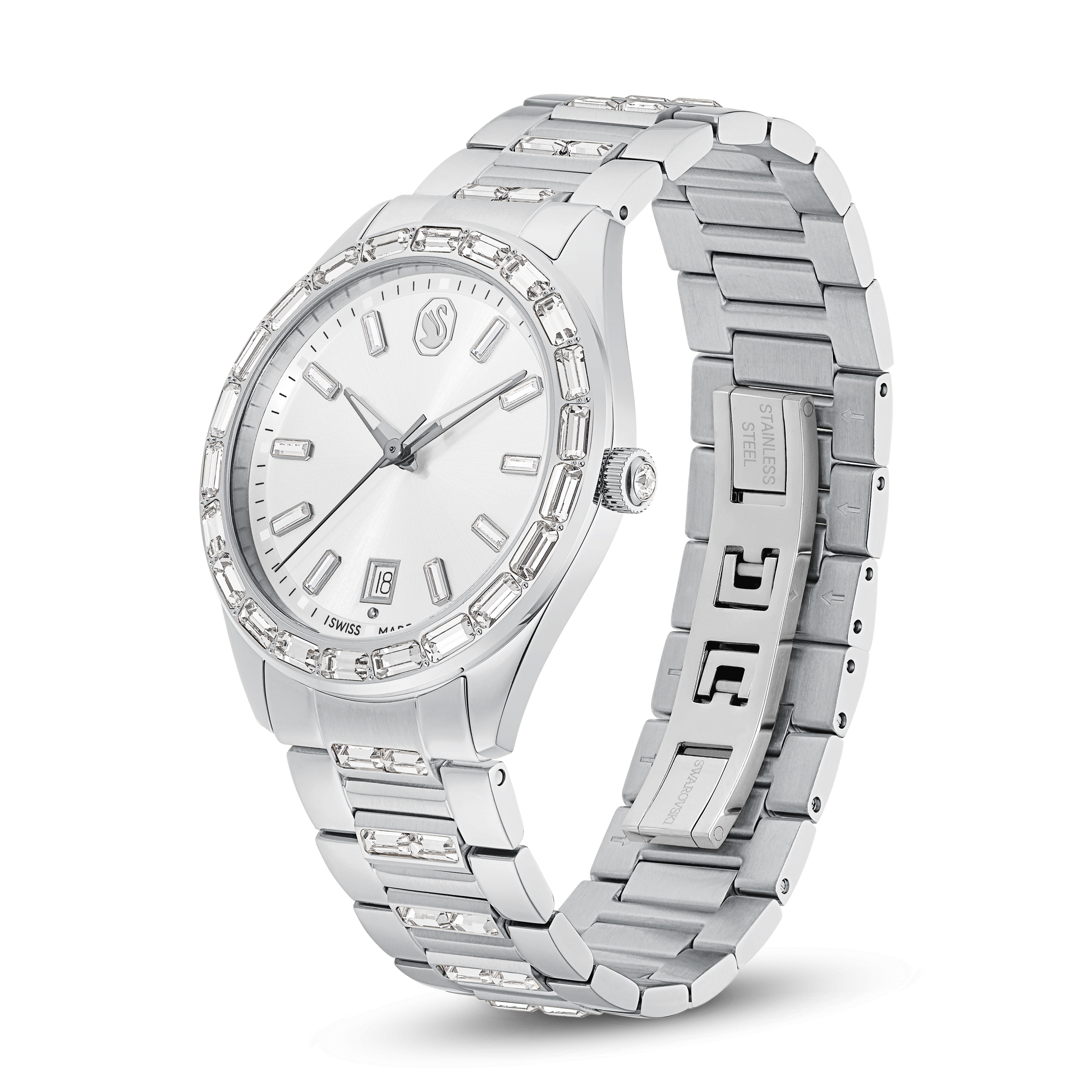 Matrix date watch, Swiss Made, Metal bracelet, Silver tone, Stainless steel