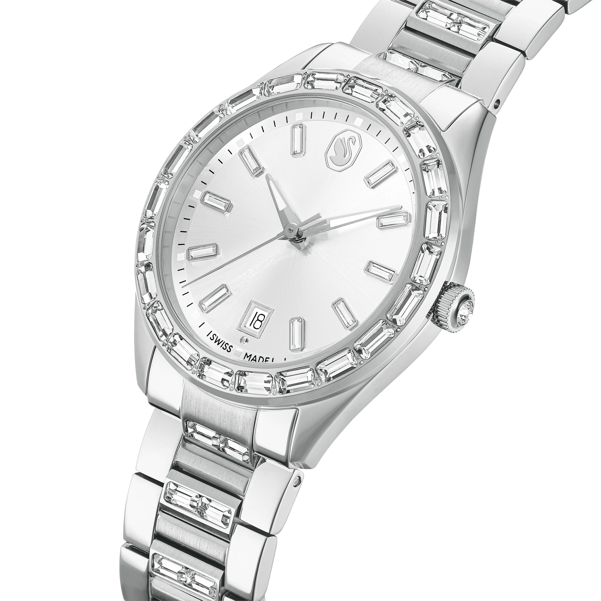 Matrix date watch, Swiss Made, Metal bracelet, Silver tone, Stainless steel