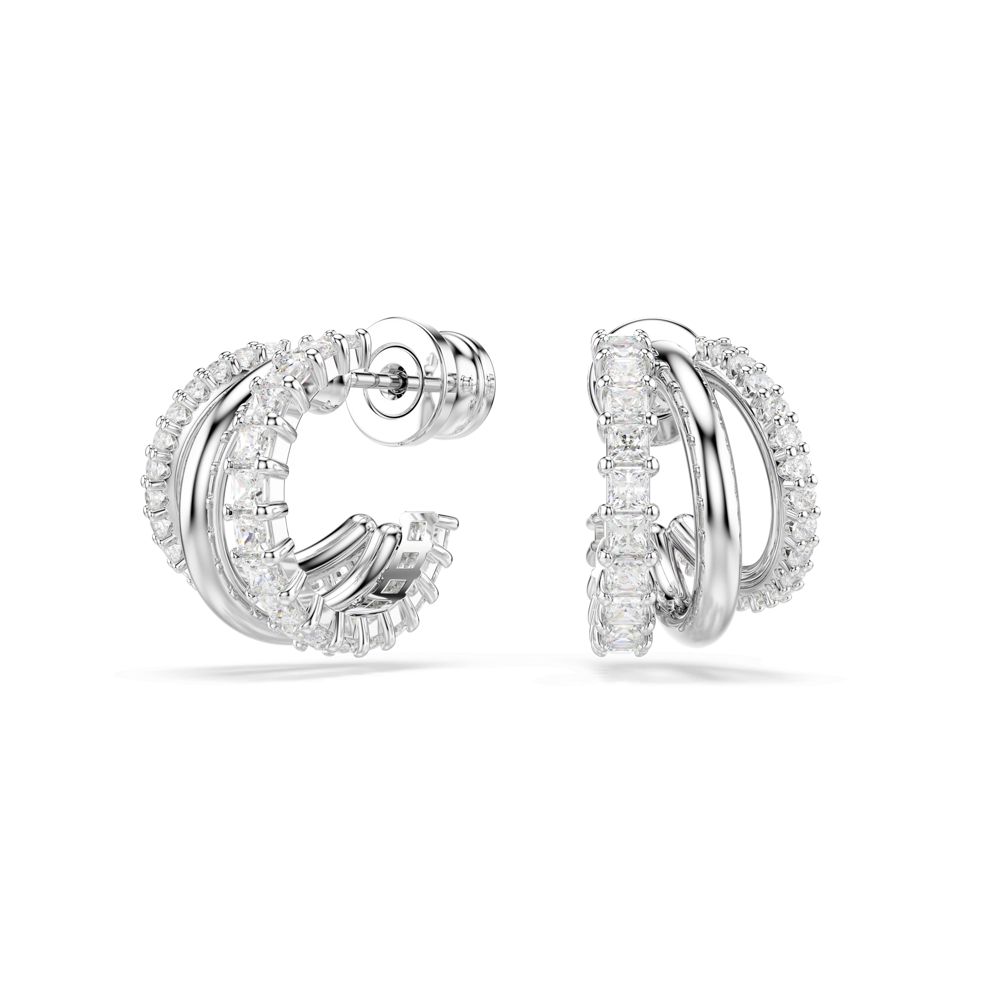 Hyperbola hoop earrings, Round cut, Mini, White, Rhodium plated
