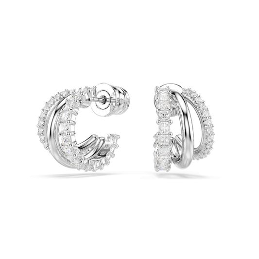 Hyperbola hoop earrings, Round cut, Mini, White, Rhodium plated