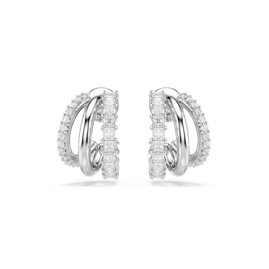 Hyperbola hoop earrings, Round cut, Mini, White, Rhodium plated