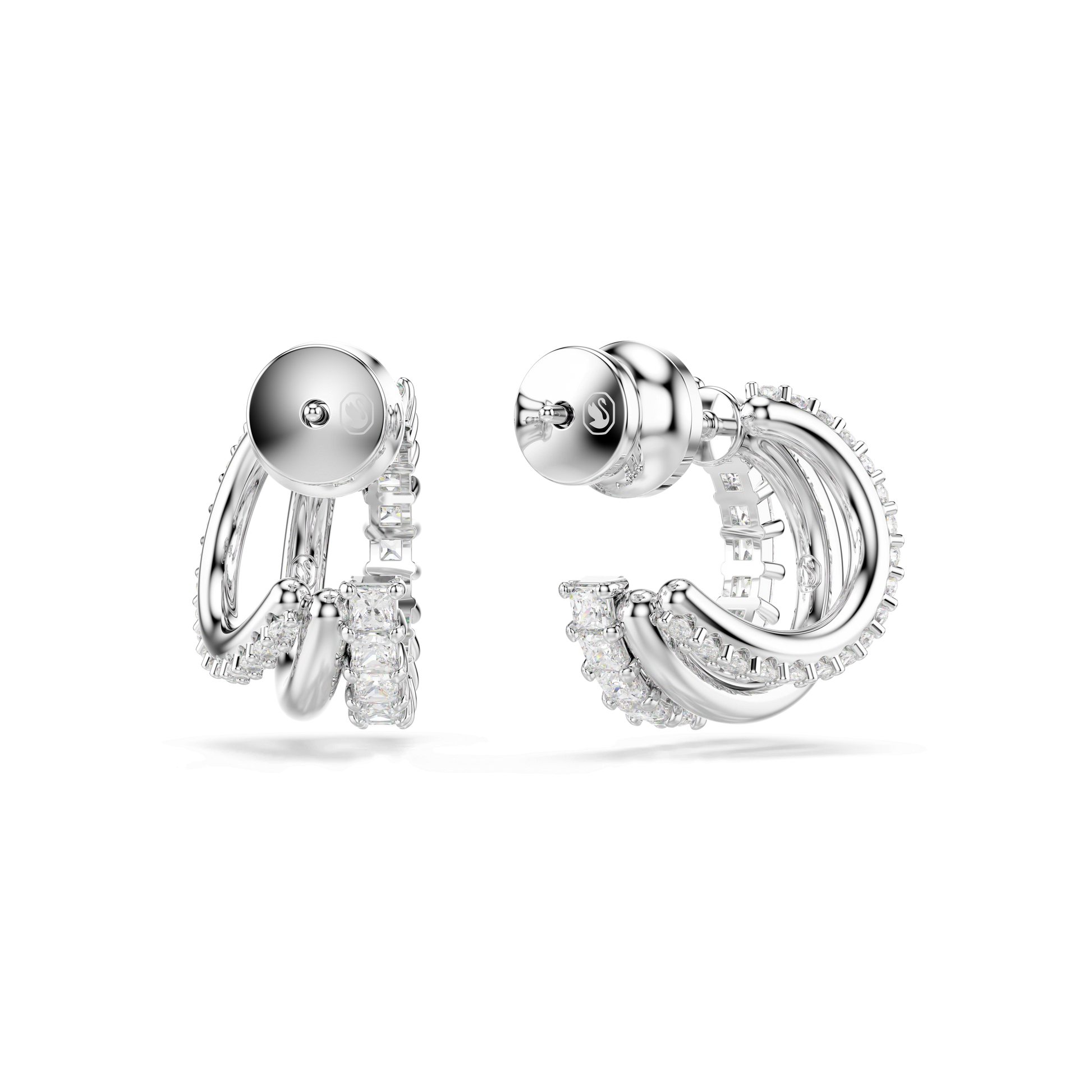 Hyperbola hoop earrings, Round cut, Mini, White, Rhodium plated