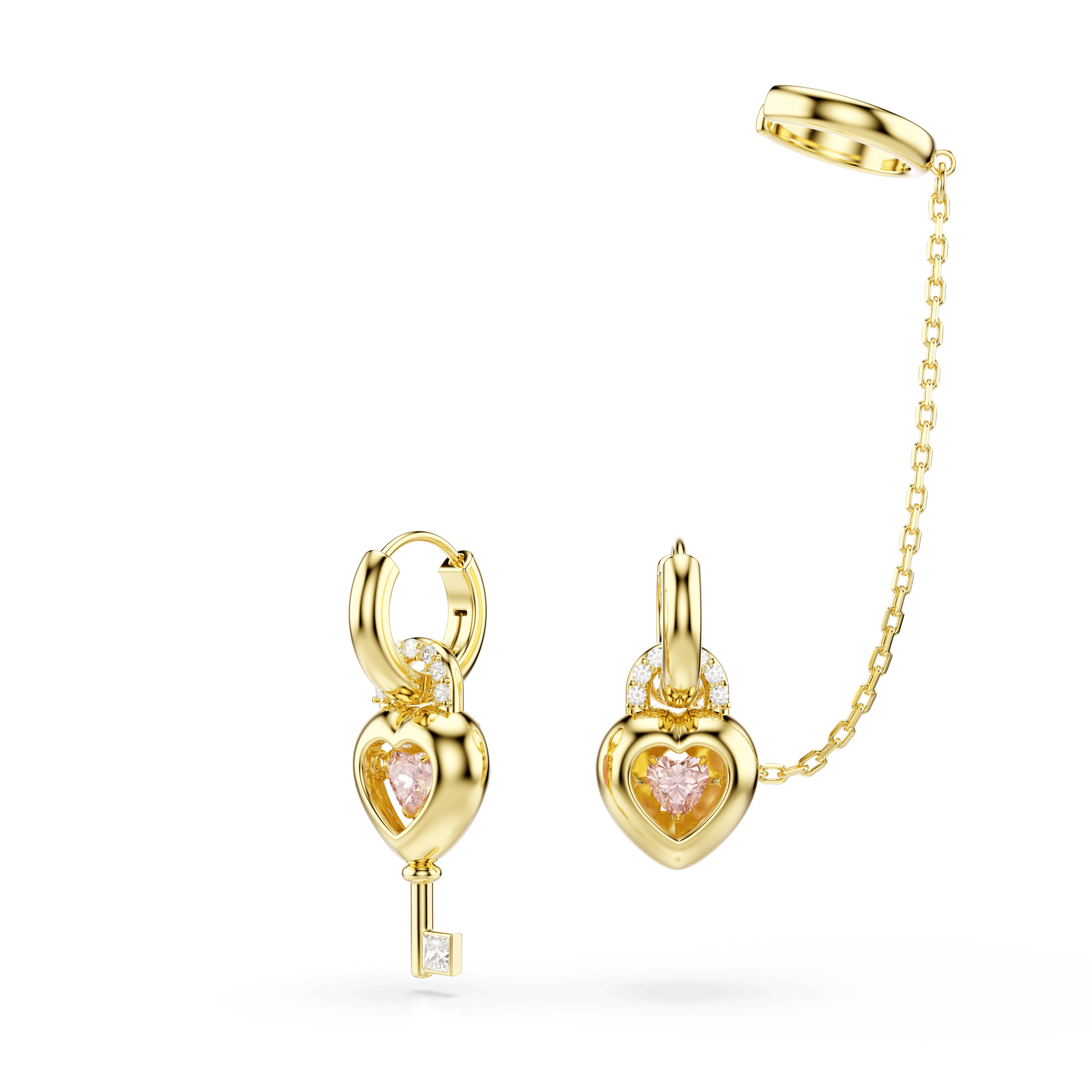 Idyllia drop earrings with ear cuff, Mixed cuts, Heart with key, Pink, 18K gold finish