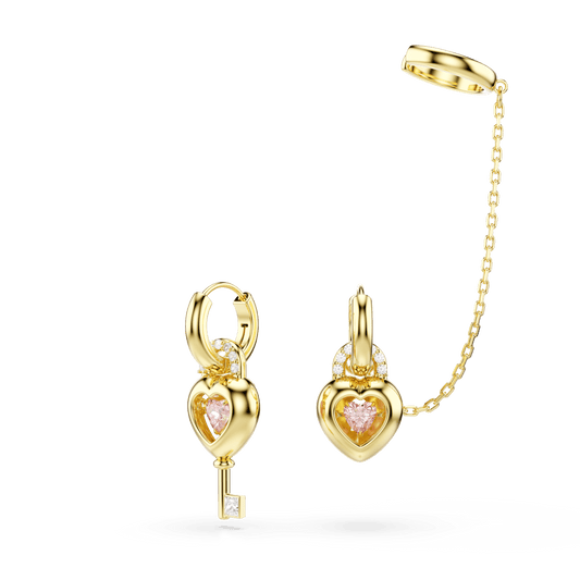 Idyllia drop earrings with ear cuff, Mixed cuts, Heart with key, Pink, 18K gold finish