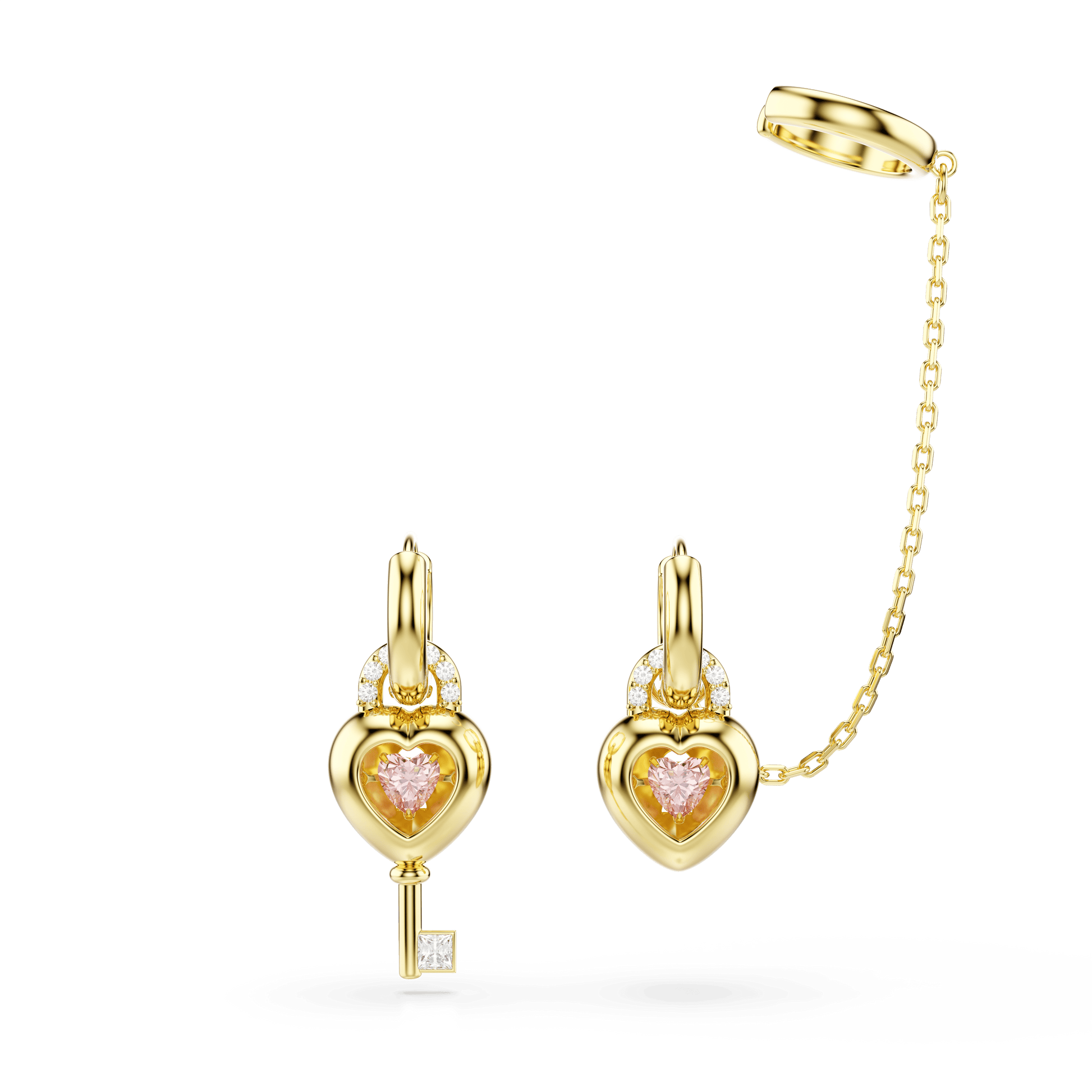 Idyllia drop earrings with ear cuff, Mixed cuts, Heart with key, Pink, 18K gold finish