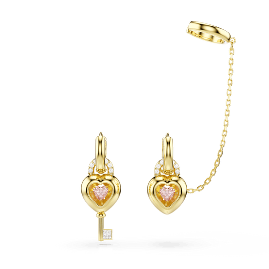 Idyllia drop earrings with ear cuff, Mixed cuts, Heart with key, Pink, 18K gold finish