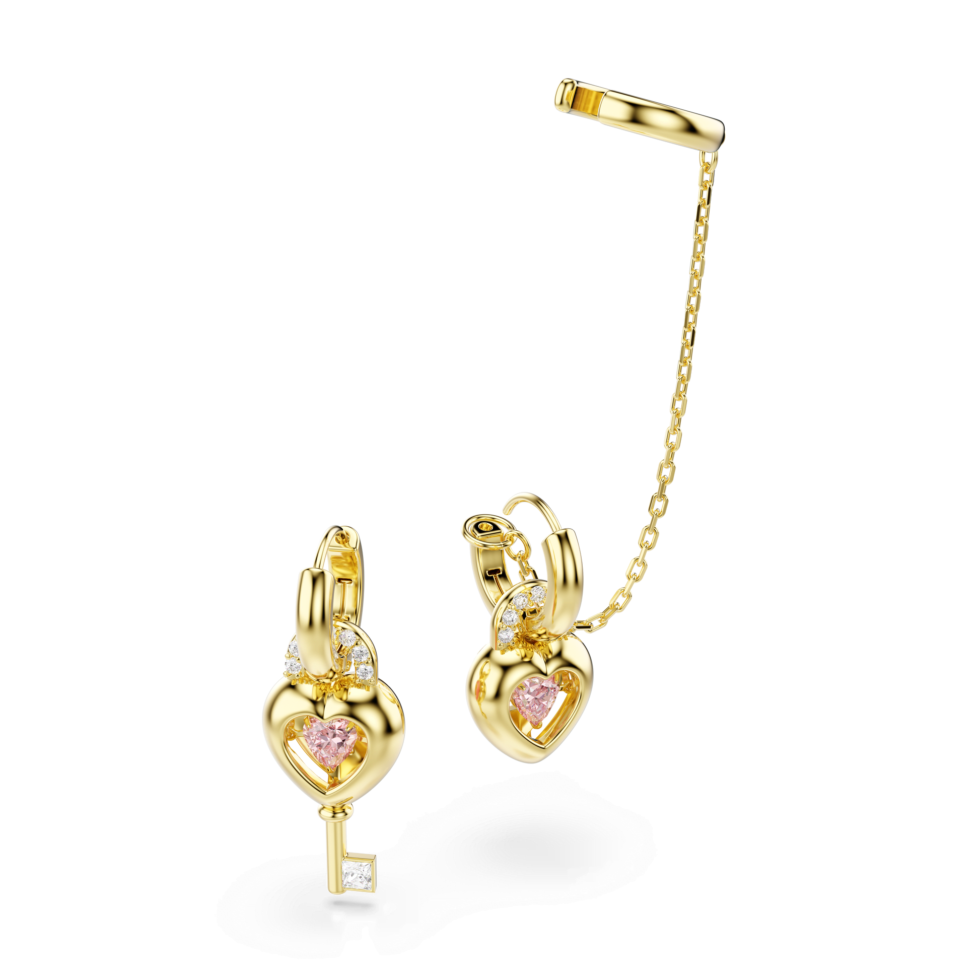 Idyllia drop earrings with ear cuff, Mixed cuts, Heart with key, Pink, 18K gold finish