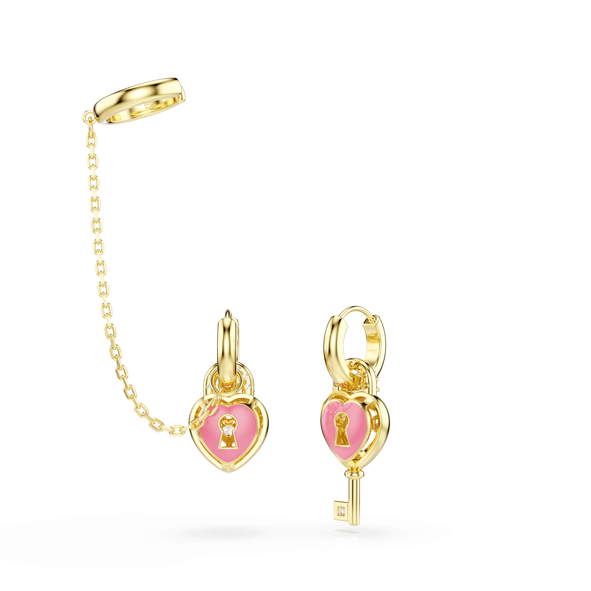 Idyllia drop earrings with ear cuff, Mixed cuts, Heart with key, Pink, 18K gold finish