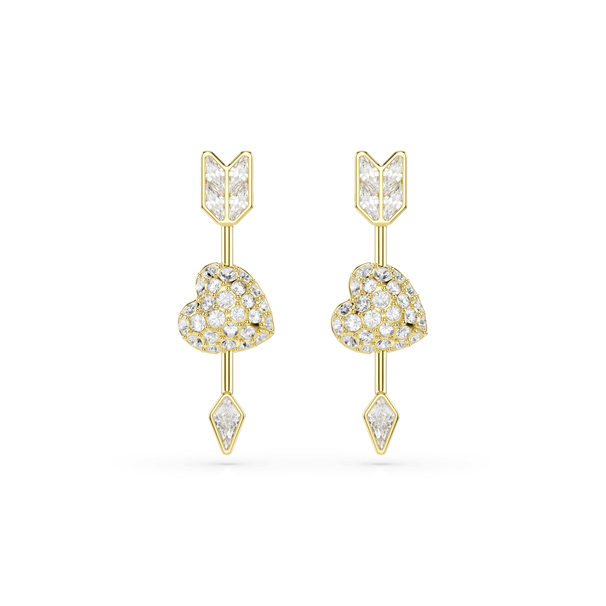 Idyllia drop earrings, Mixed cuts, Heart with arrow, White, 18K gold finish