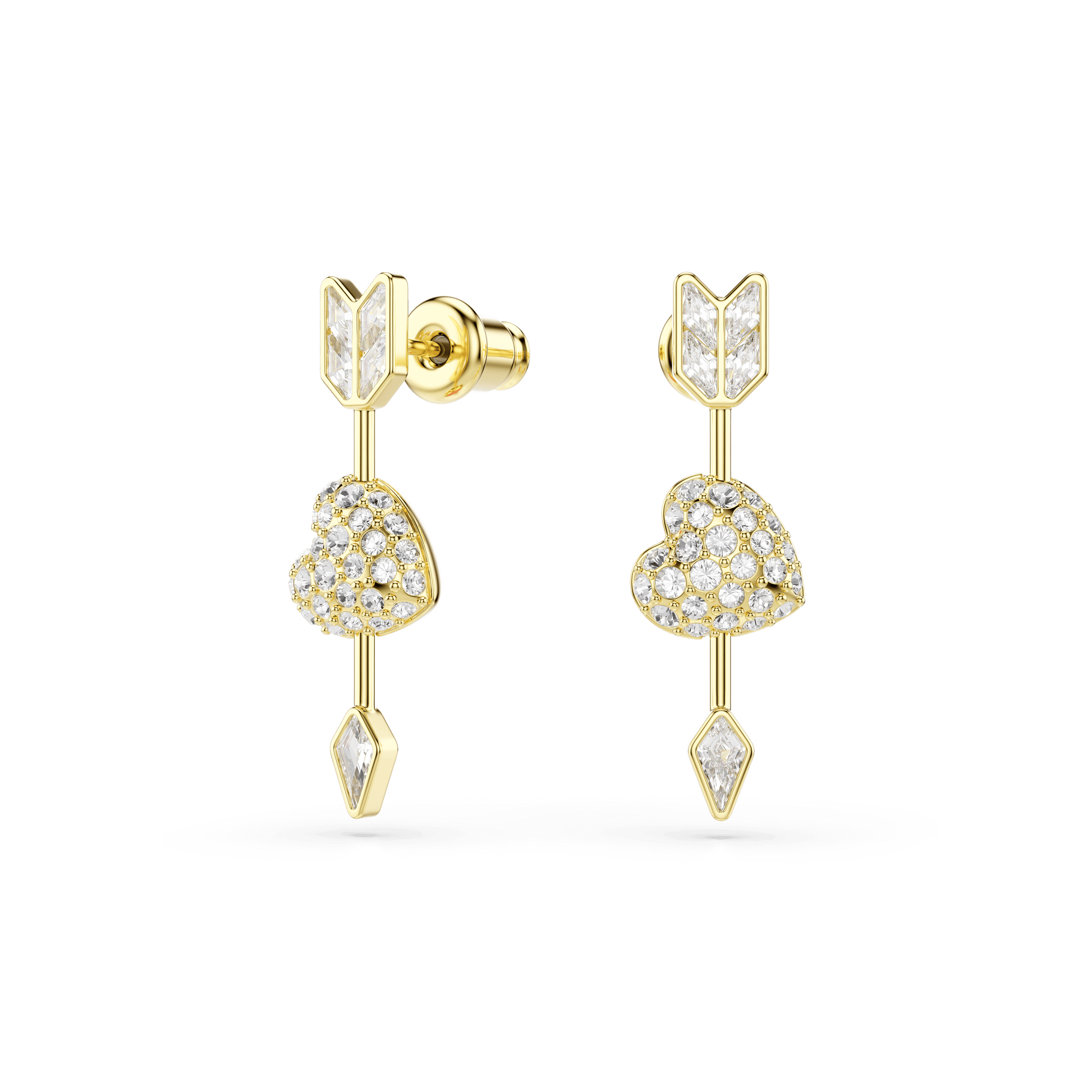 Idyllia drop earrings, Mixed cuts, Heart with arrow, White, 18K gold finish