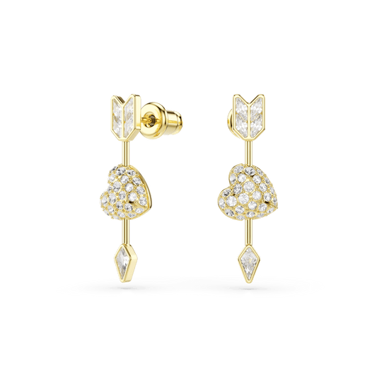 Idyllia drop earrings, Mixed cuts, Heart with arrow, White, 18K gold finish