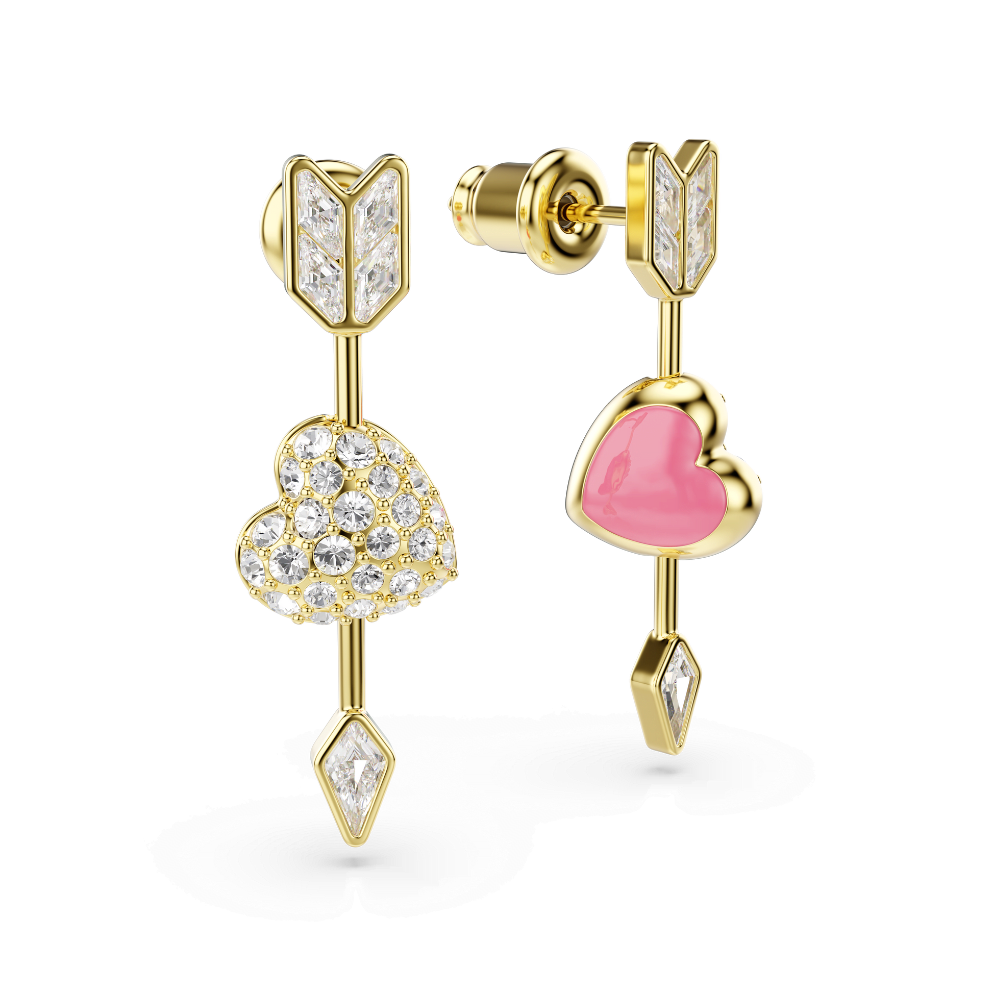 Idyllia drop earrings, Mixed cuts, Heart with arrow, White, 18K gold finish