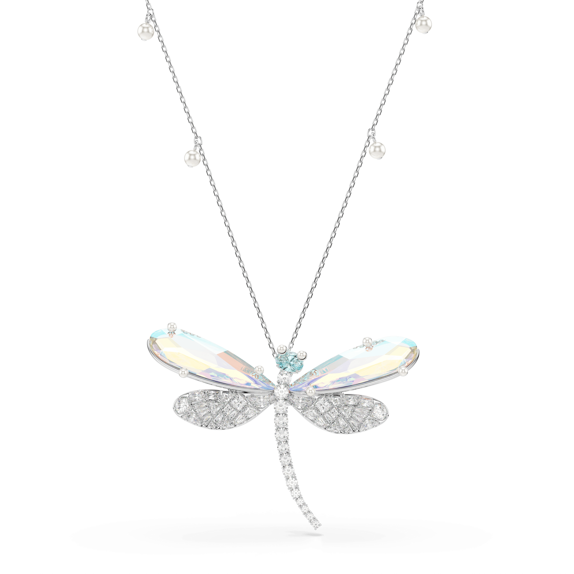 Ariana Grande x Swarovski pendant and brooch, Crystal Pearl, Mixed cuts, Dragonfly, White, Rhodium plated