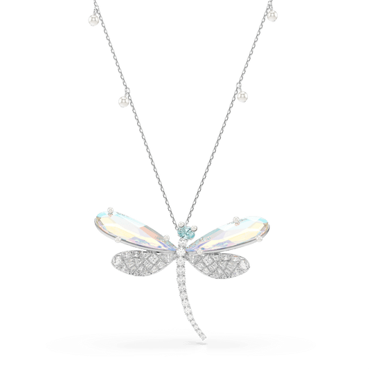Ariana Grande x Swarovski pendant and brooch, Crystal Pearl, Mixed cuts, Dragonfly, White, Rhodium plated