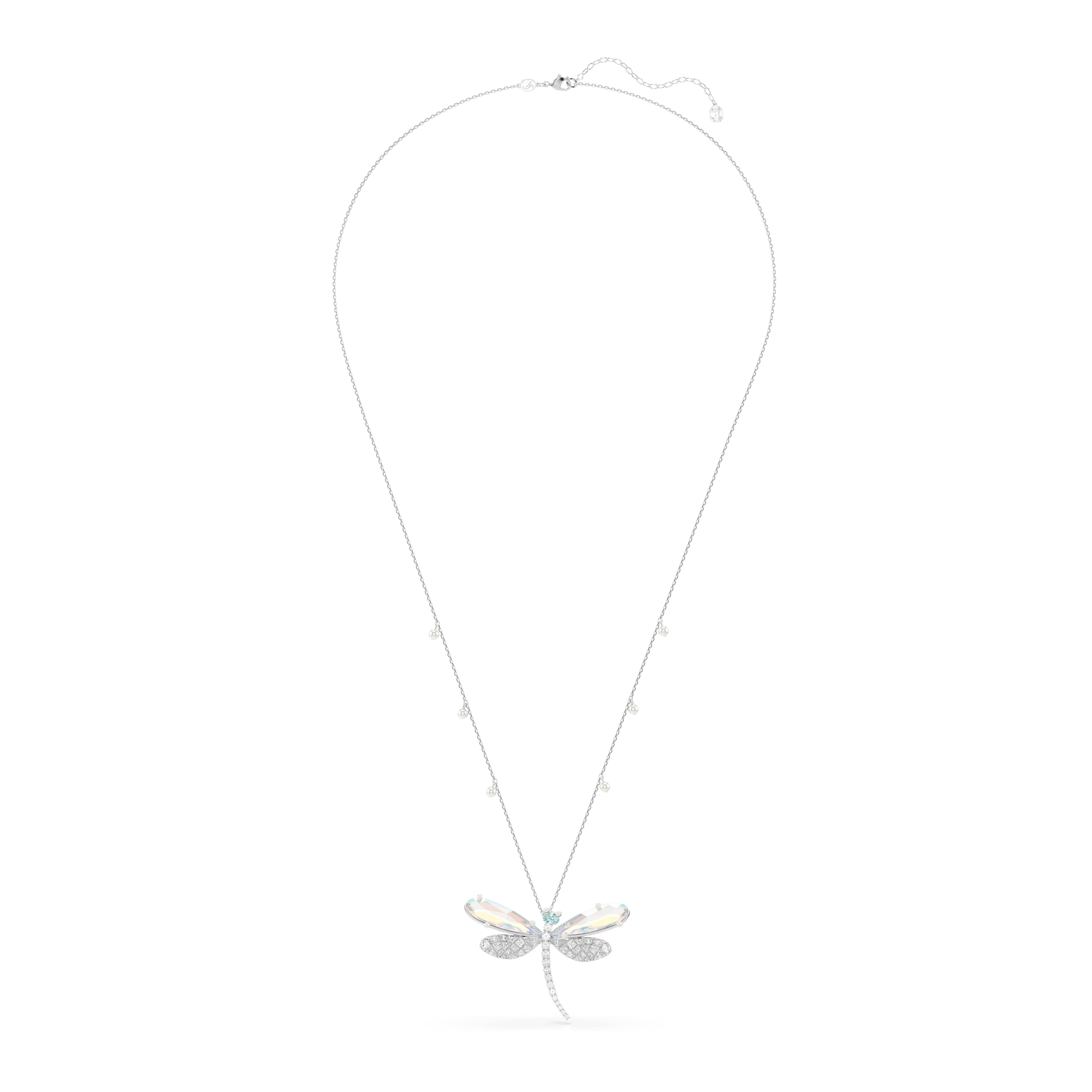 Ariana Grande x Swarovski pendant and brooch, Crystal Pearl, Mixed cuts, Dragonfly, White, Rhodium plated