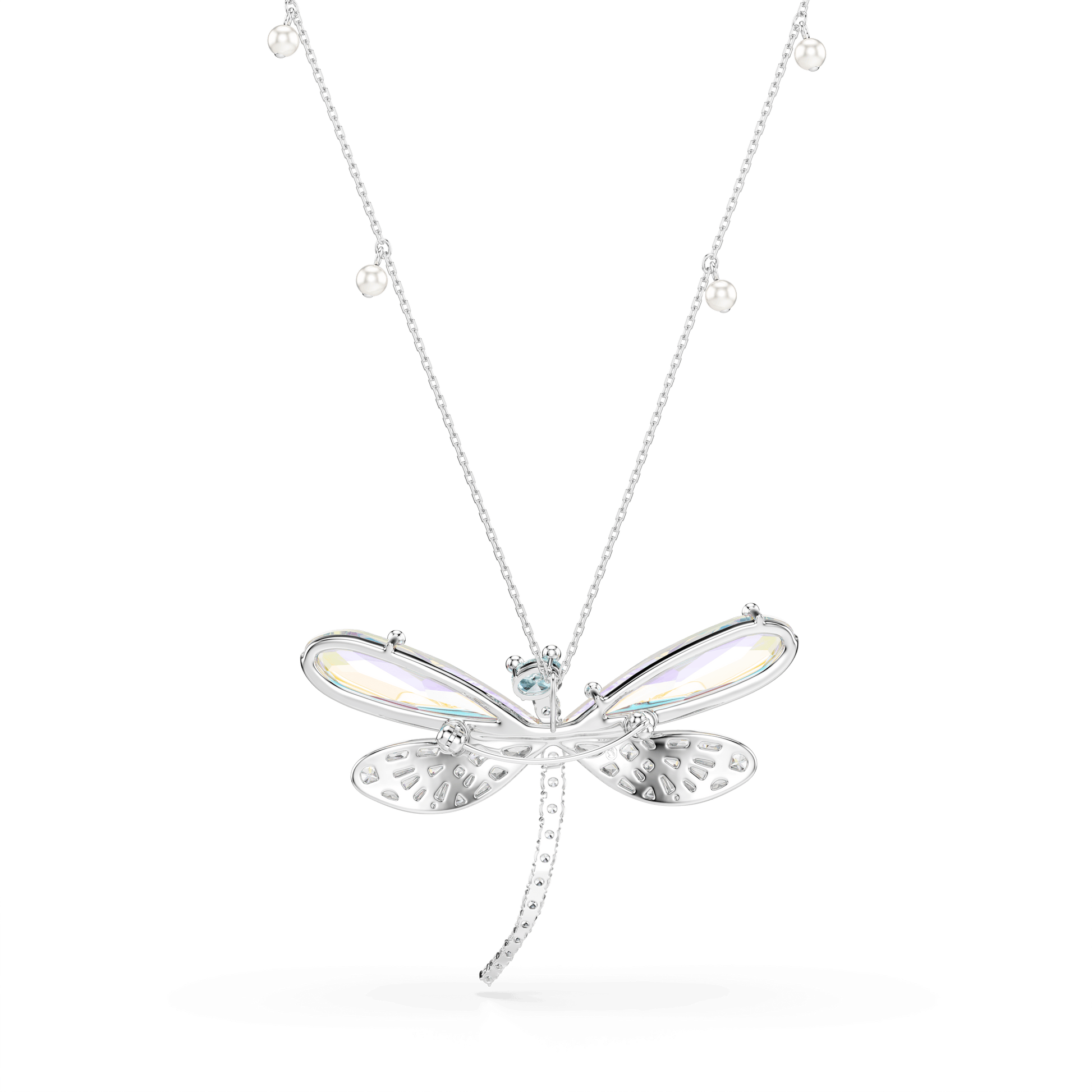 Ariana Grande x Swarovski pendant and brooch, Crystal Pearl, Mixed cuts, Dragonfly, White, Rhodium plated
