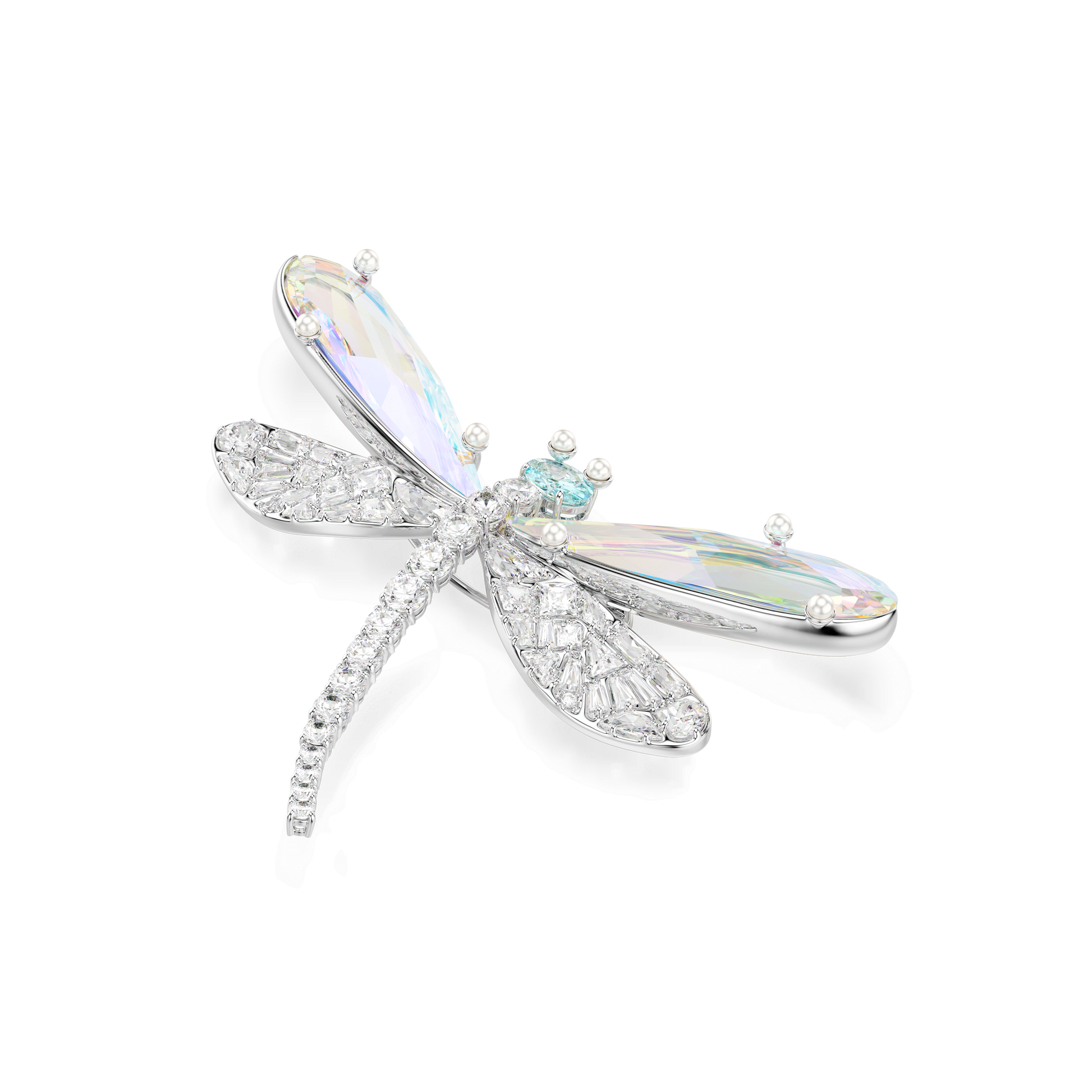 Ariana Grande x Swarovski pendant and brooch, Crystal Pearl, Mixed cuts, Dragonfly, White, Rhodium plated