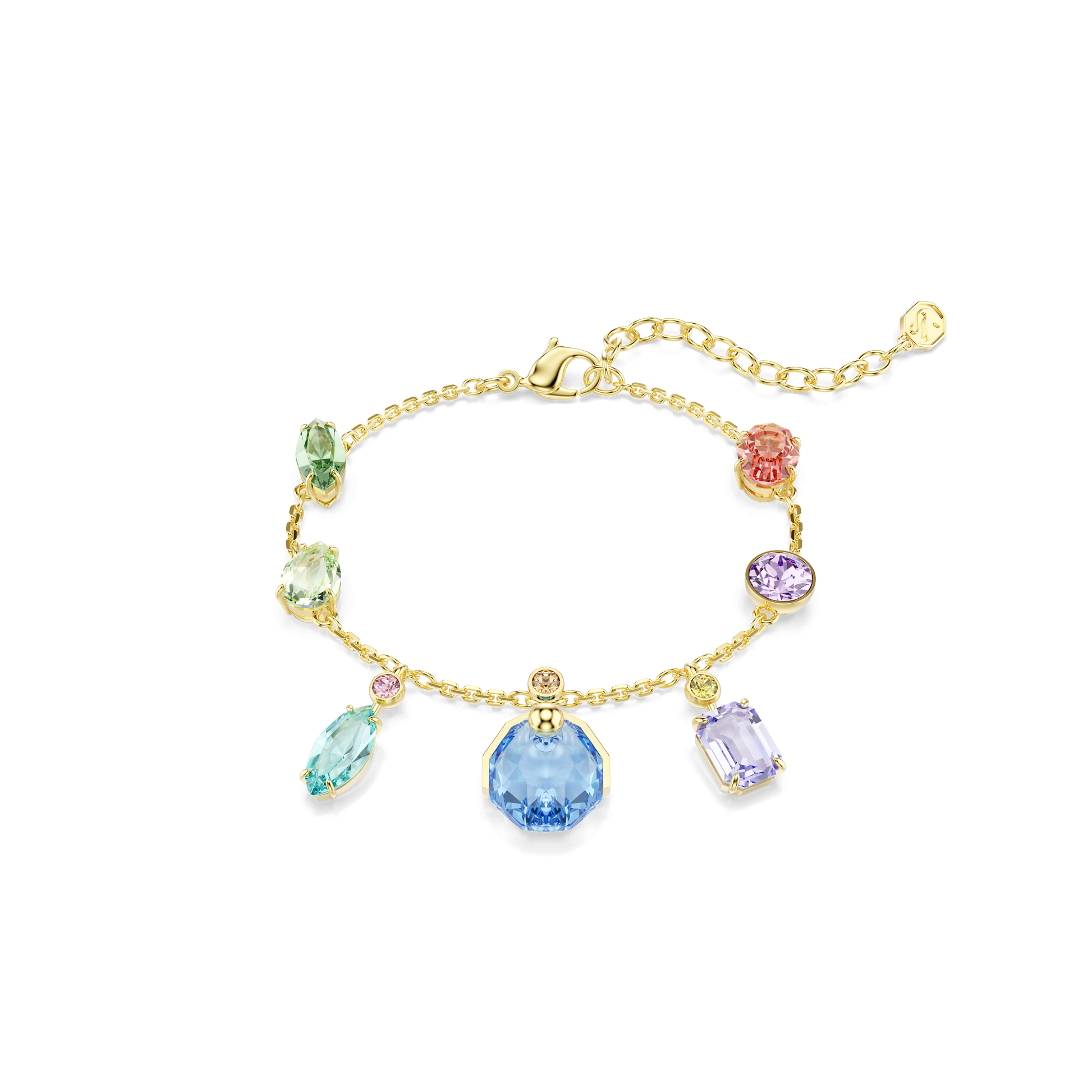 Gema bracelet, Mixed cuts, Dangling crystals, Multicolored, 18K gold finish