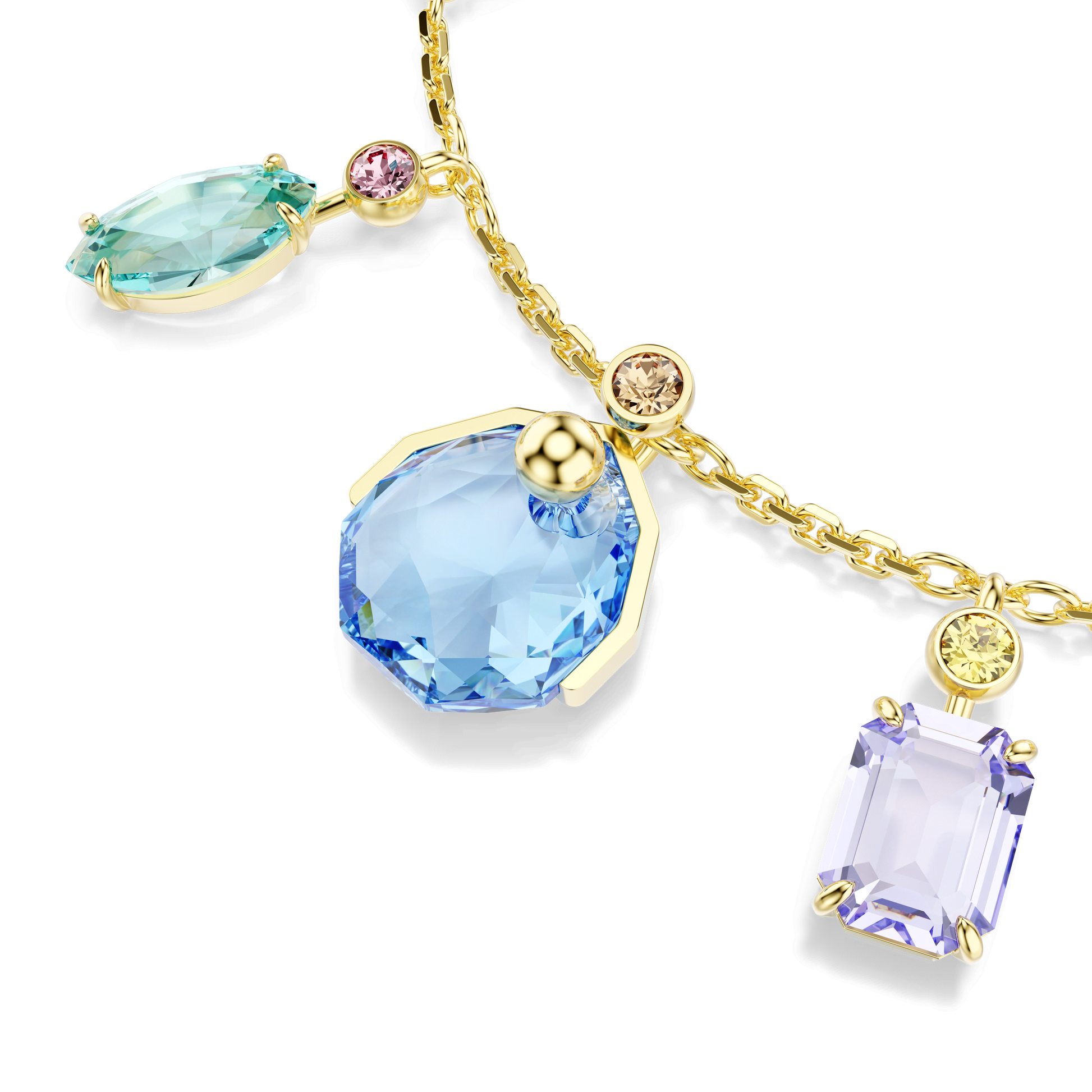 Gema bracelet, Mixed cuts, Dangling crystals, Multicolored, 18K gold finish
