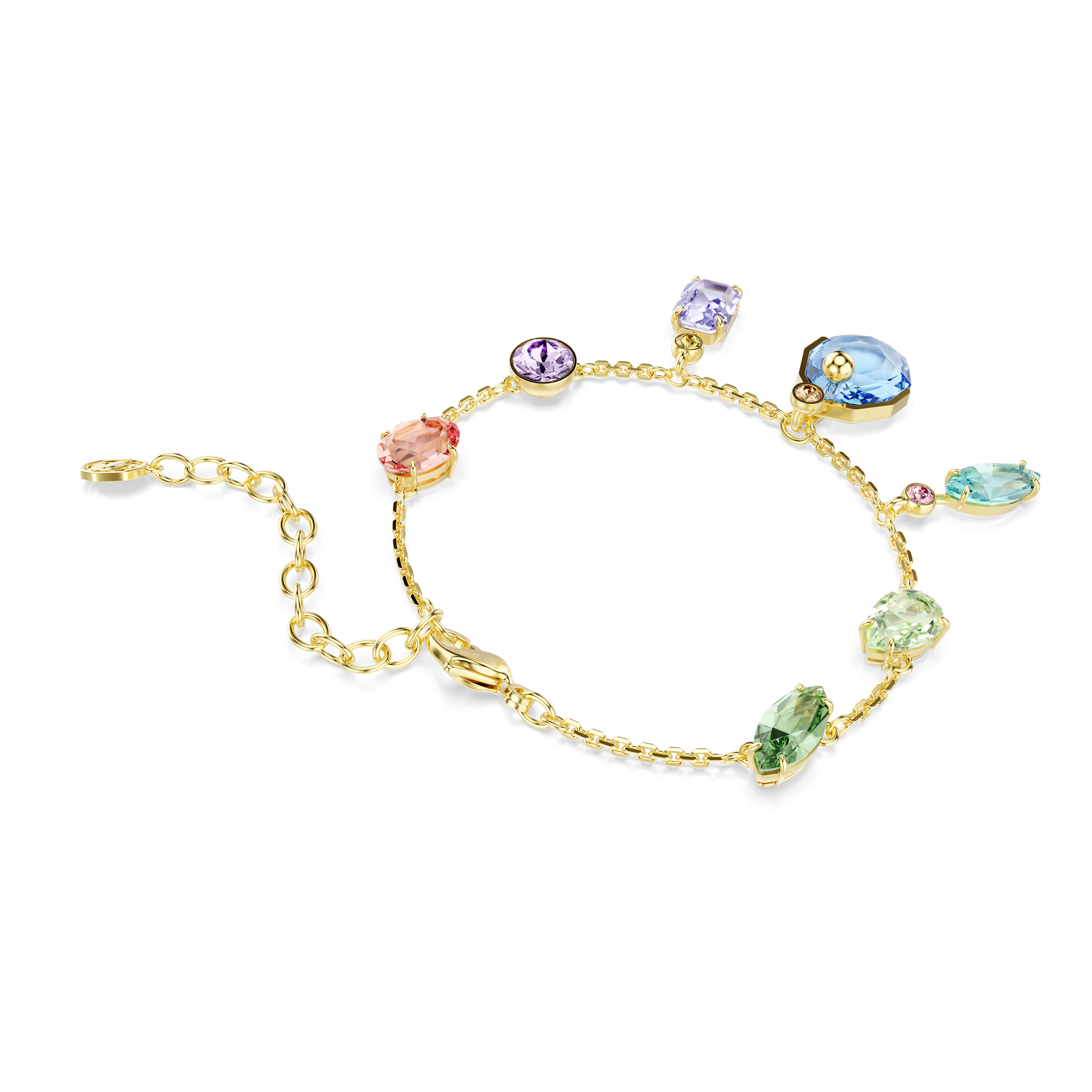 Gema bracelet, Mixed cuts, Dangling crystals, Multicolored, 18K gold finish