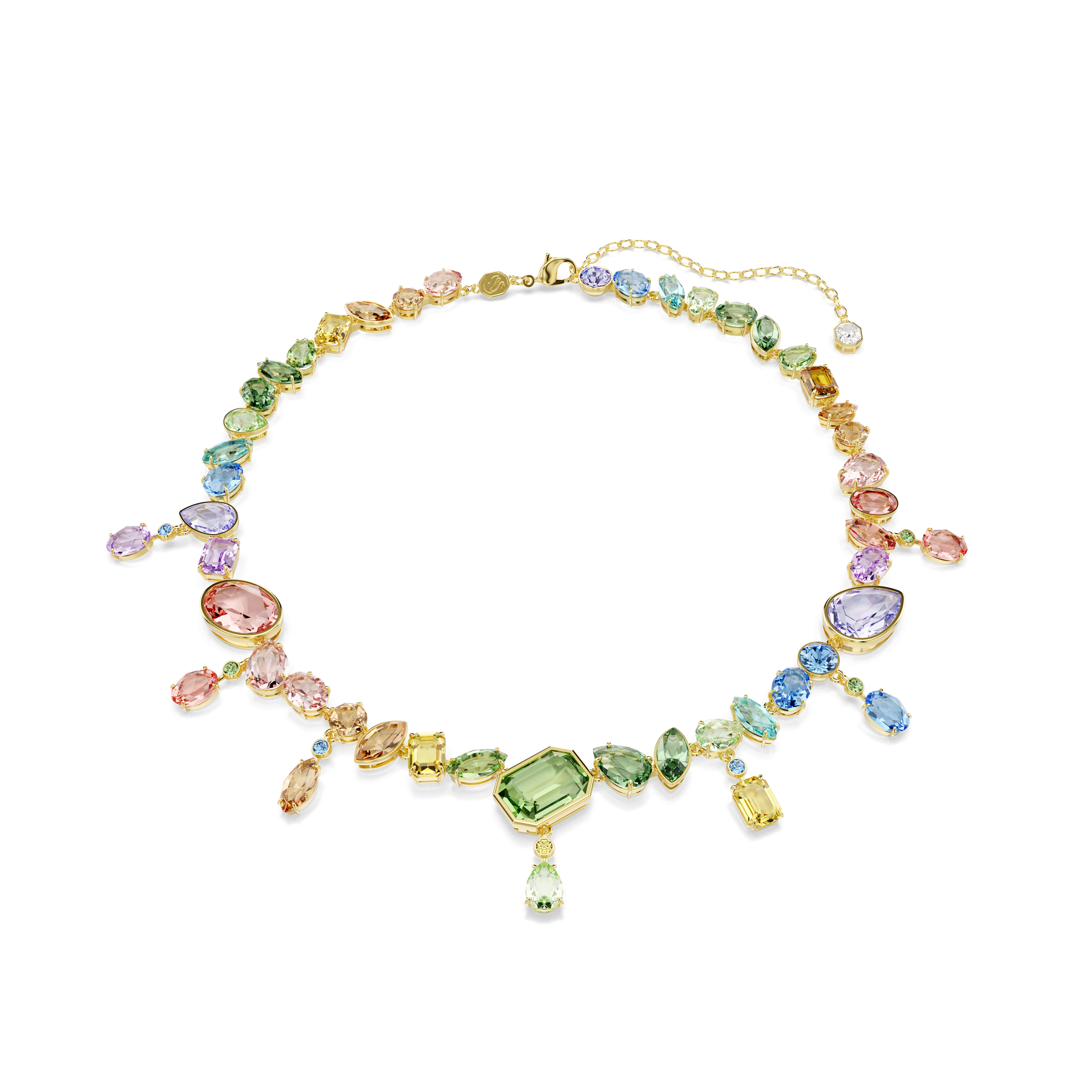 Gema necklace, Mixed cuts, Dangling crystals, Multicolored, 18K gold finish