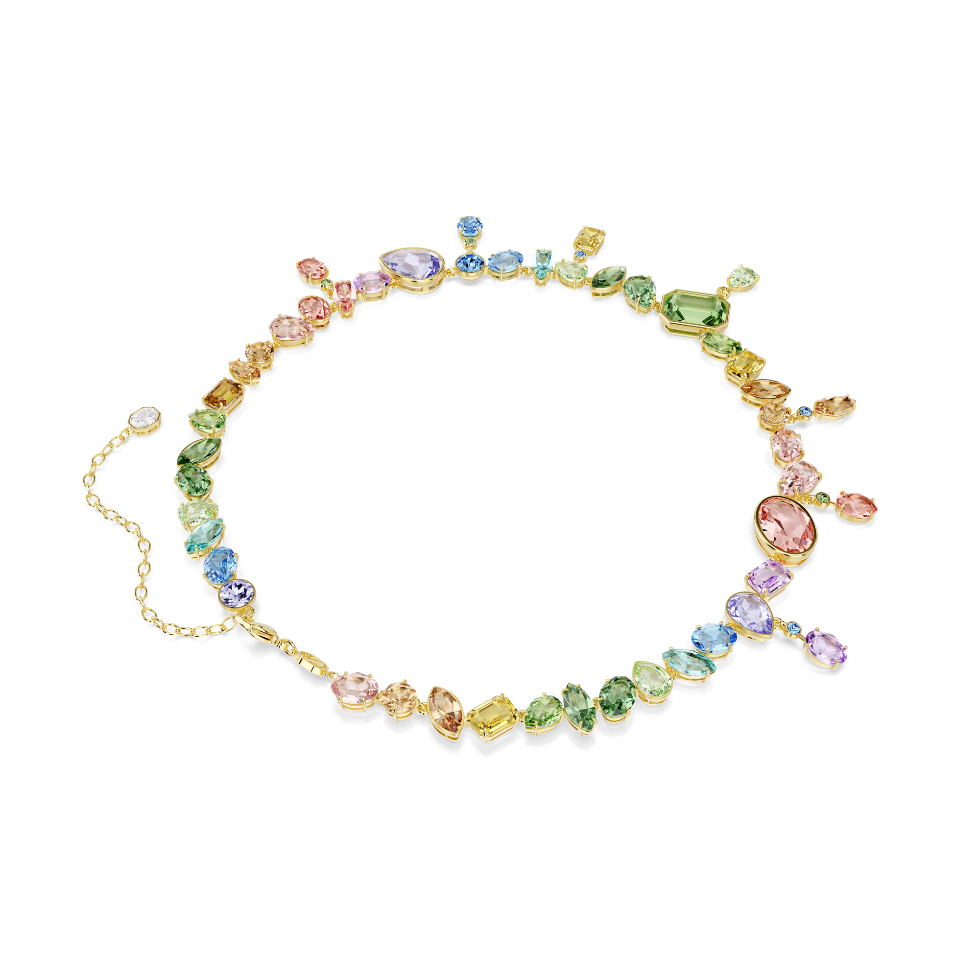 Gema necklace, Mixed cuts, Dangling crystals, Multicolored, 18K gold finish