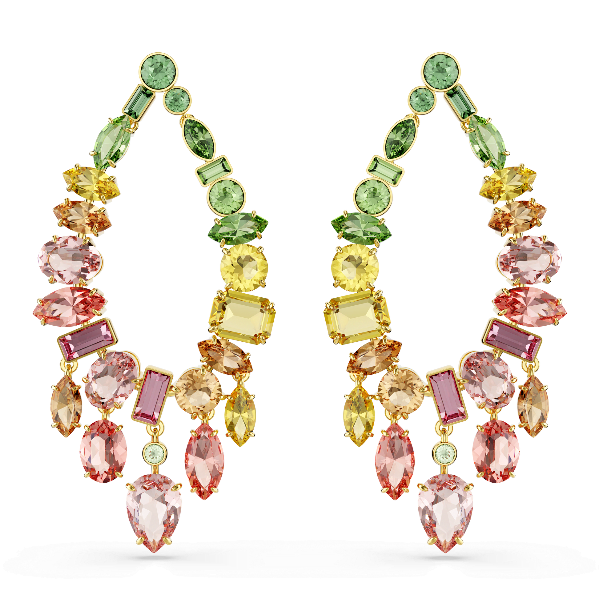 Gema drop earrings, Mixed cuts, Chandelier, Multicolored, 18K gold finish
