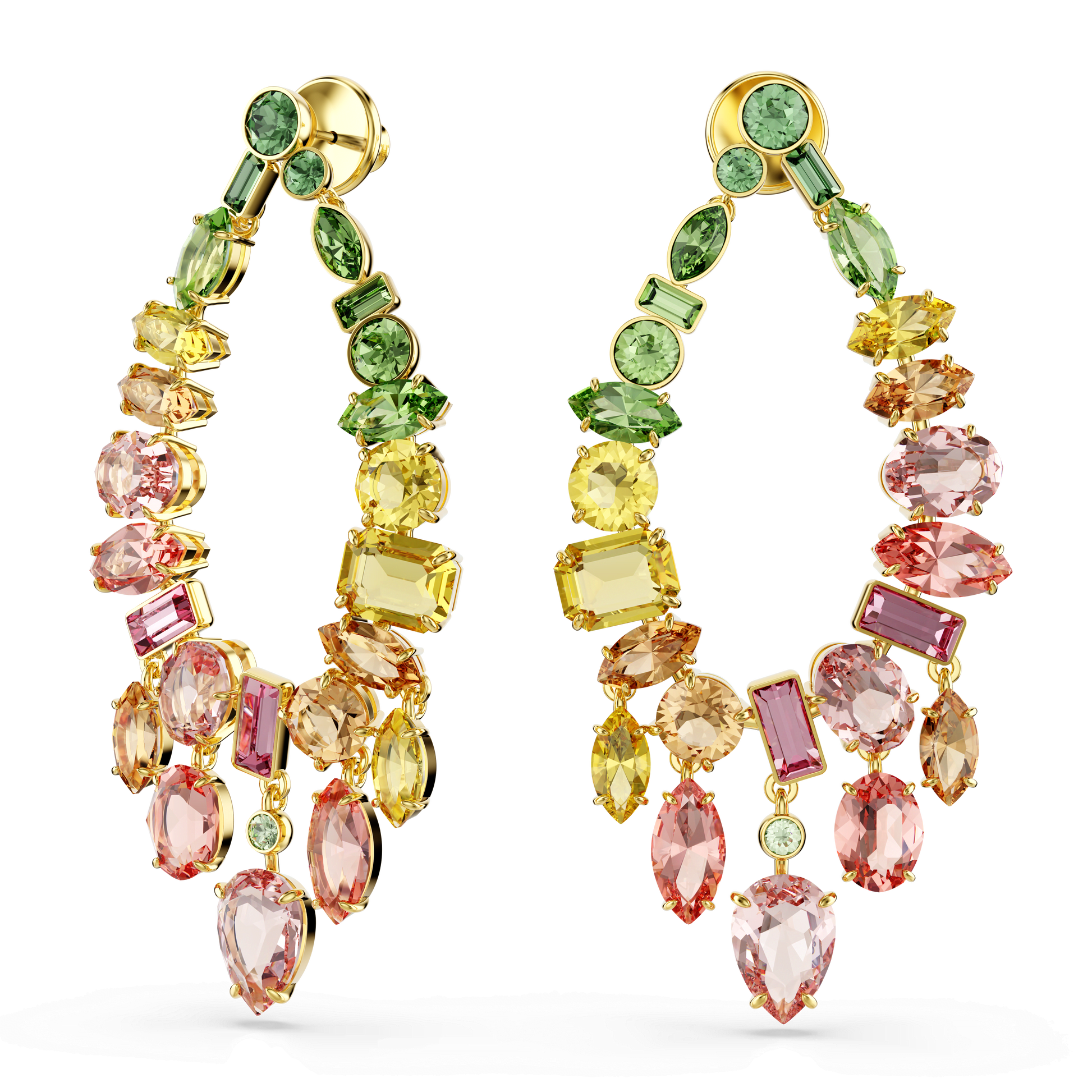 Gema drop earrings, Mixed cuts, Chandelier, Multicolored, 18K gold finish