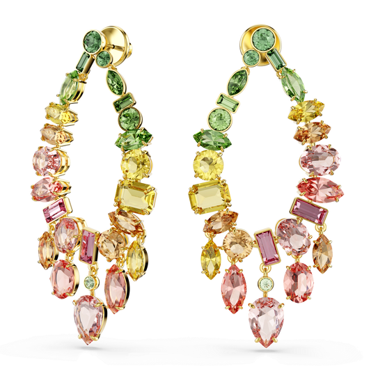 Gema drop earrings, Mixed cuts, Chandelier, Multicolored, 18K gold finish