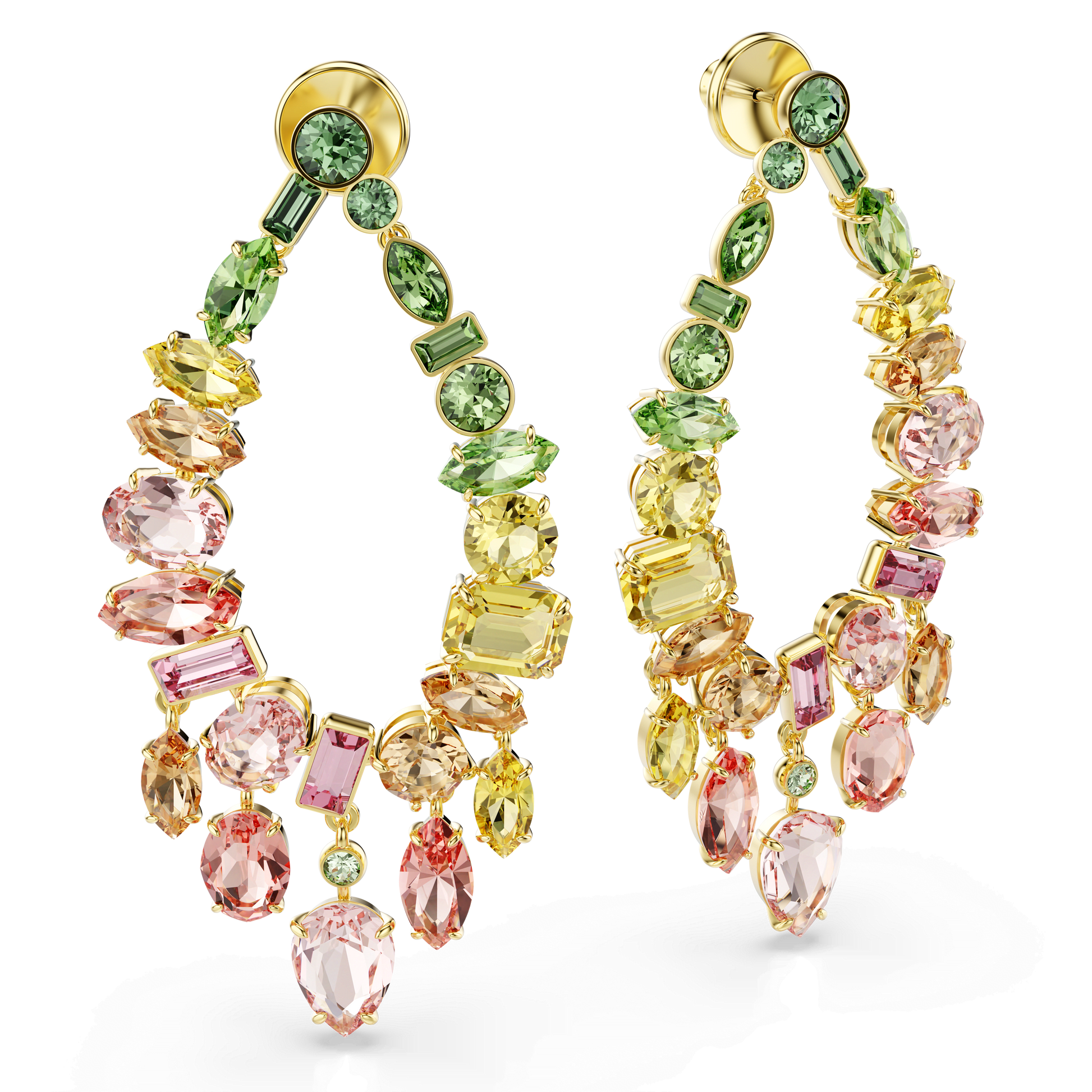 Gema drop earrings, Mixed cuts, Chandelier, Multicolored, 18K gold finish