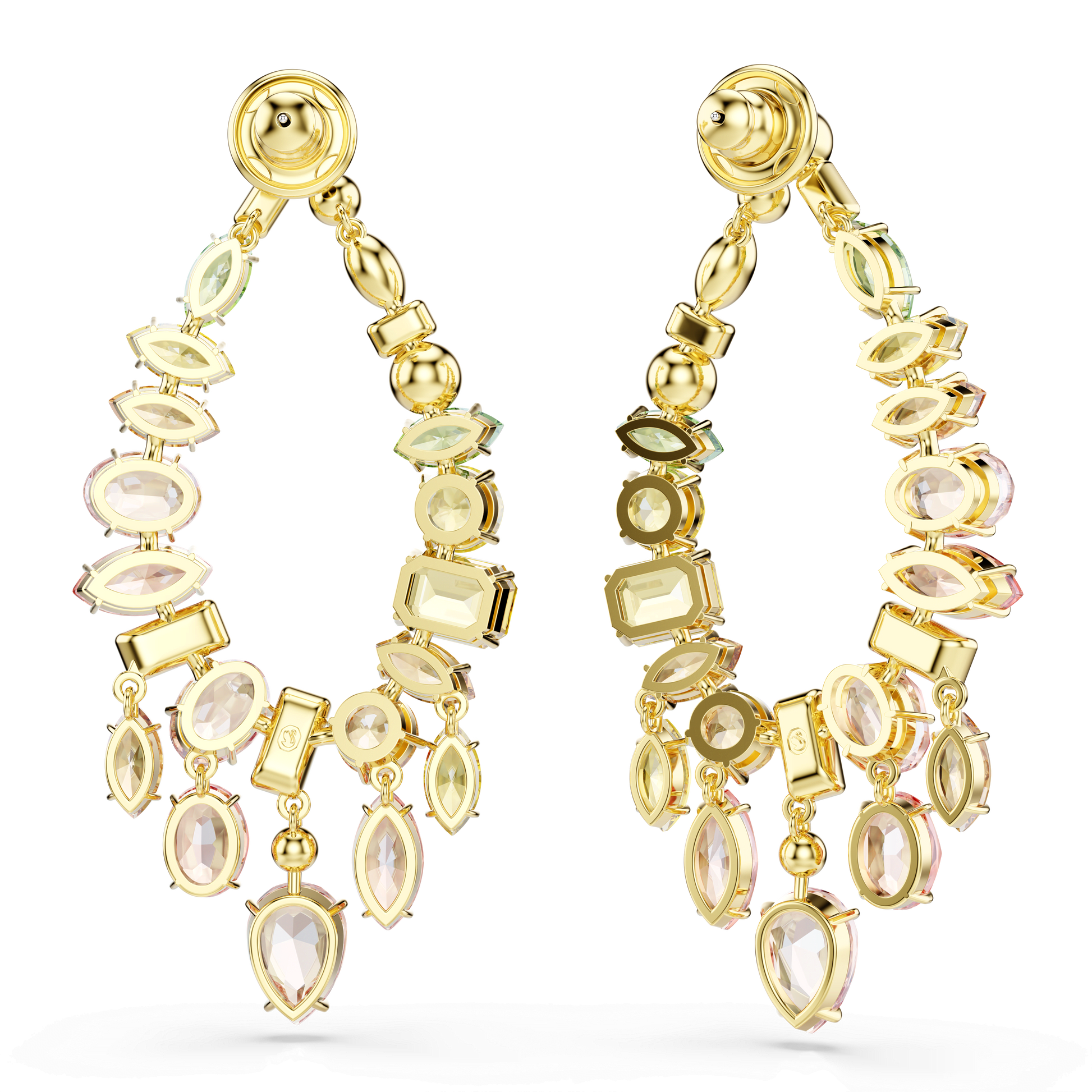 Gema drop earrings, Mixed cuts, Chandelier, Multicolored, 18K gold finish