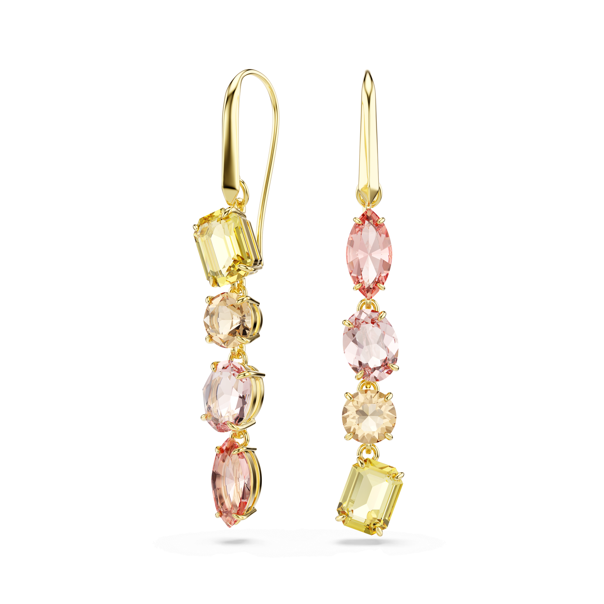 Gema drop earrings, Asymmetrical design, Mixed cuts, Pink, 18K gold finish