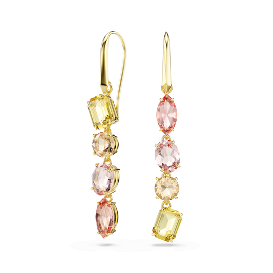 Gema drop earrings, Asymmetrical design, Mixed cuts, Pink, 18K gold finish