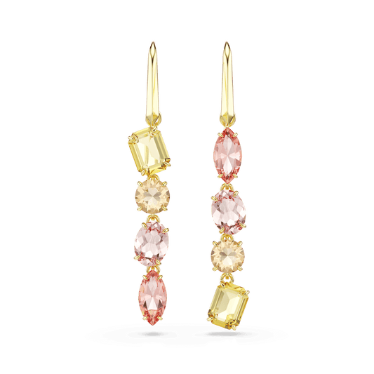 Gema drop earrings, Asymmetrical design, Mixed cuts, Pink, 18K gold finish
