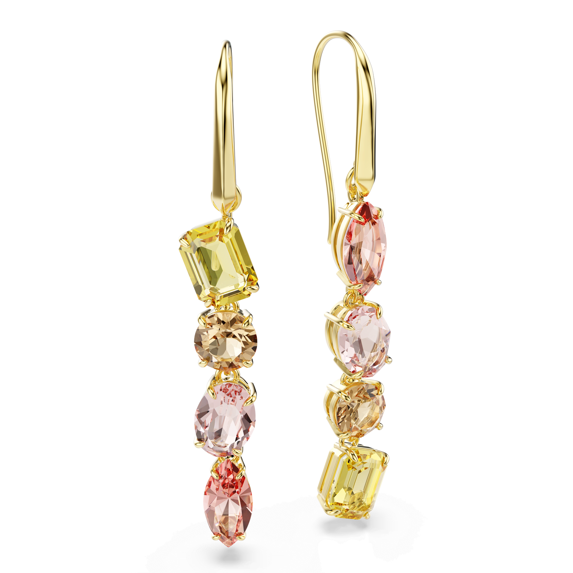 Gema drop earrings, Asymmetrical design, Mixed cuts, Pink, 18K gold finish