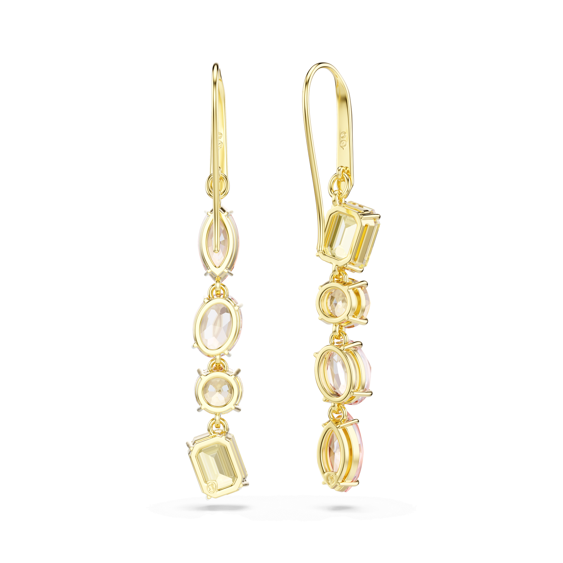 Gema drop earrings, Asymmetrical design, Mixed cuts, Pink, 18K gold finish