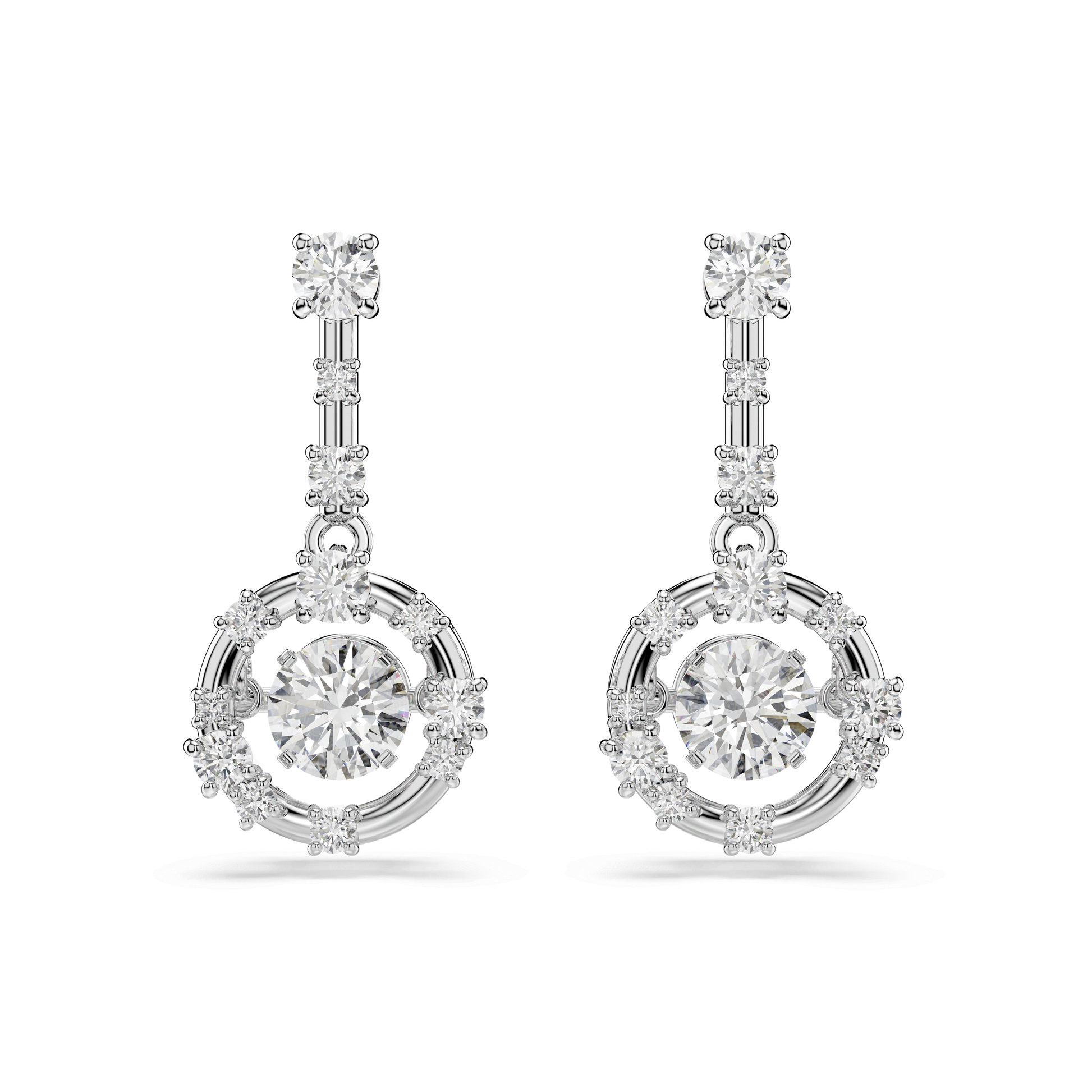 Constella drop earrings, Round cut, Dancing stone, White, Rhodium plated