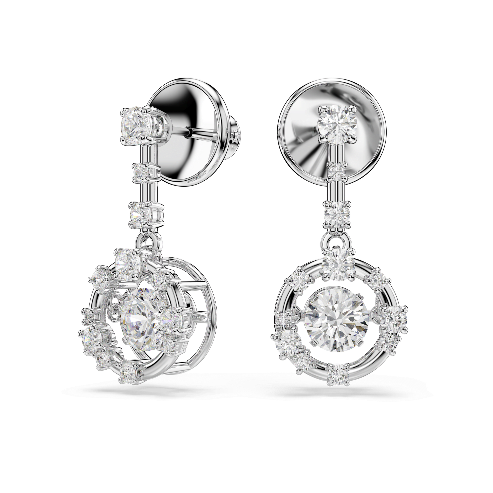 Constella drop earrings, Round cut, Dancing stone, White, Rhodium plated