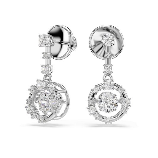 Constella drop earrings, Round cut, Dancing stone, White, Rhodium plated