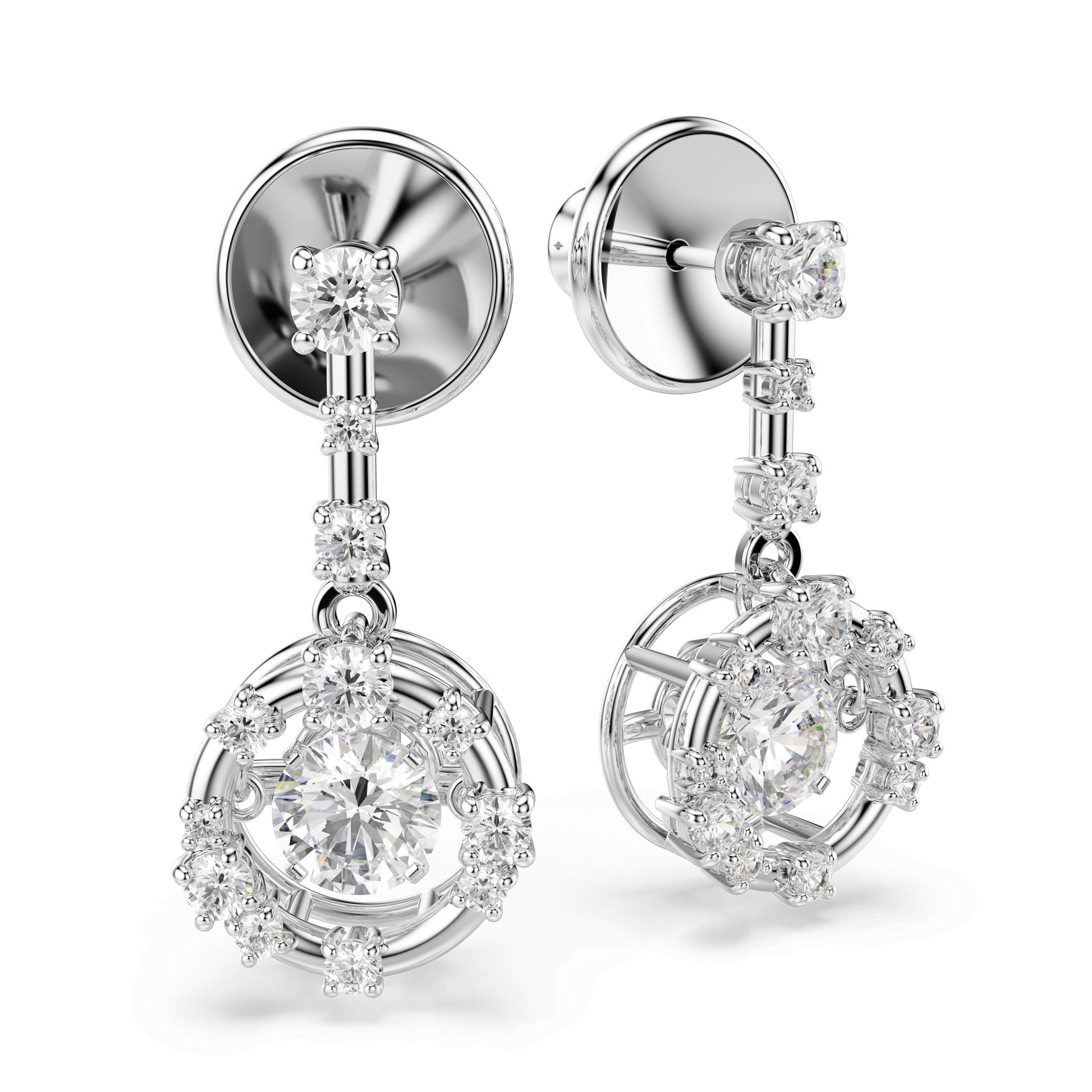 Constella drop earrings, Round cut, Dancing stone, White, Rhodium plated