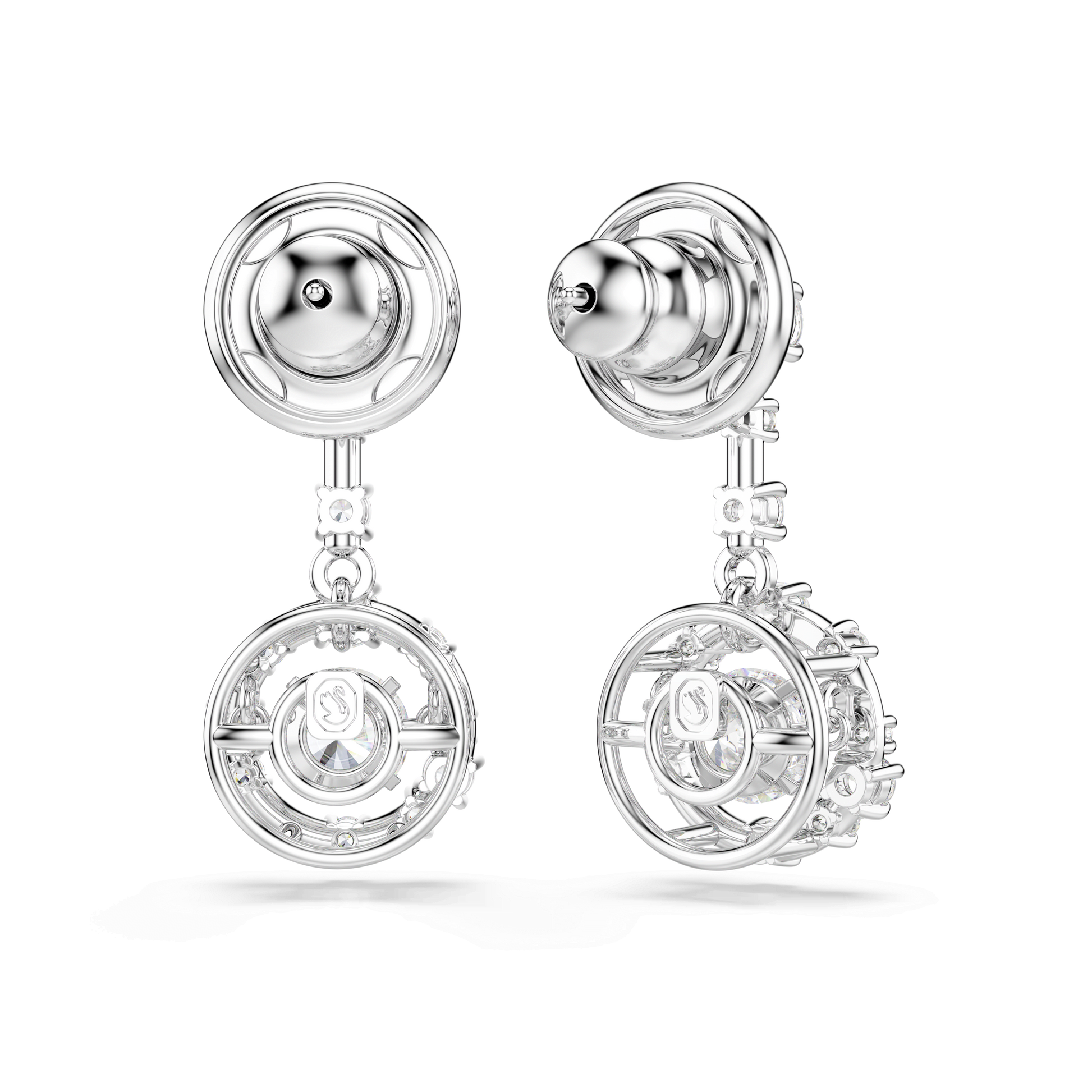 Constella drop earrings, Round cut, Dancing stone, White, Rhodium plated